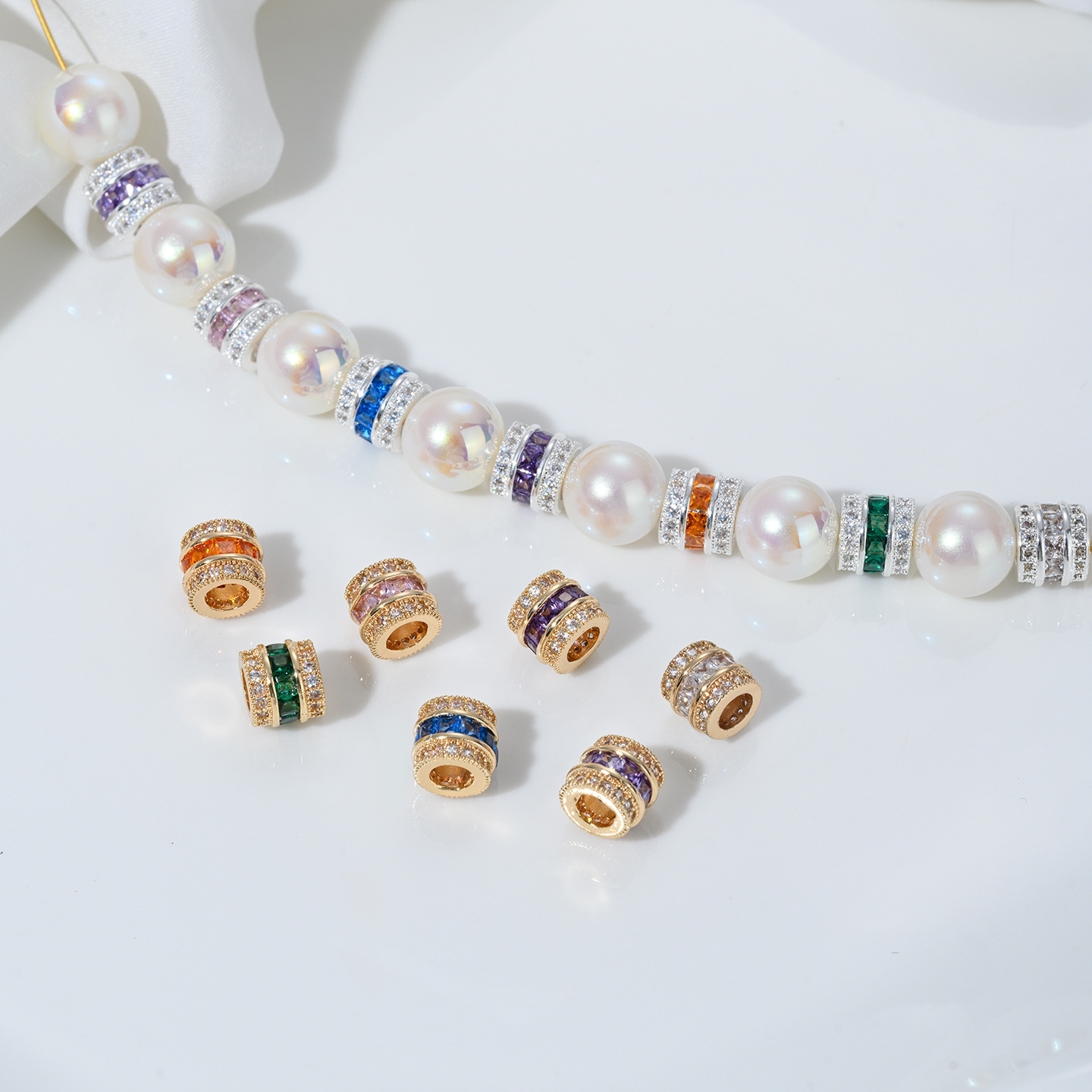 Zirconia Inlaid Gold Plated Cylindrical Spacer Beads 7*7*8mm Multiple Color