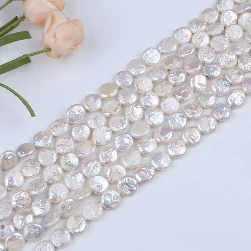 Round Flat Coin Natural Freshwater Pearls Strand