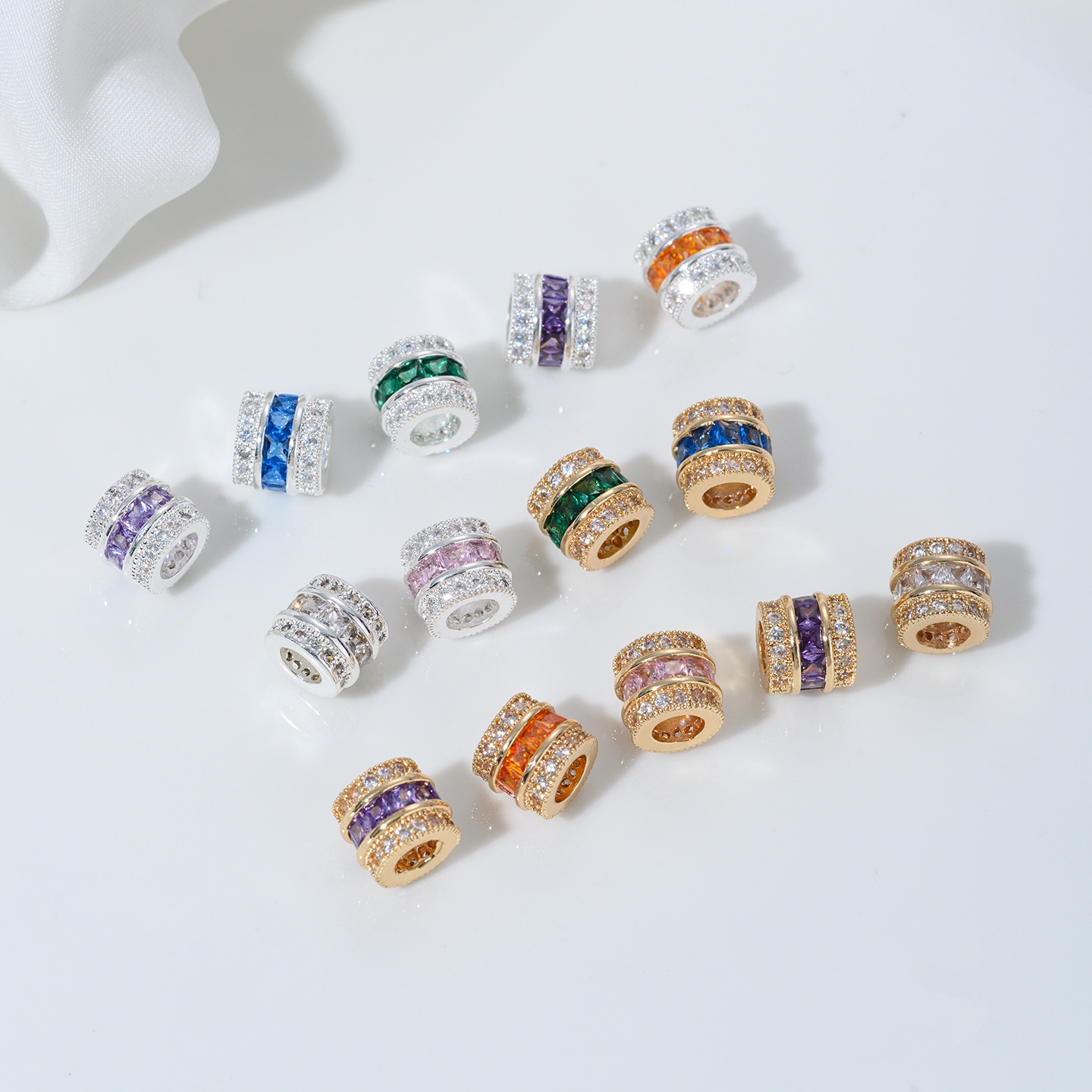 Zirconia Inlaid Gold Plated Cylindrical Spacer Beads 7*7*8mm Multiple Color