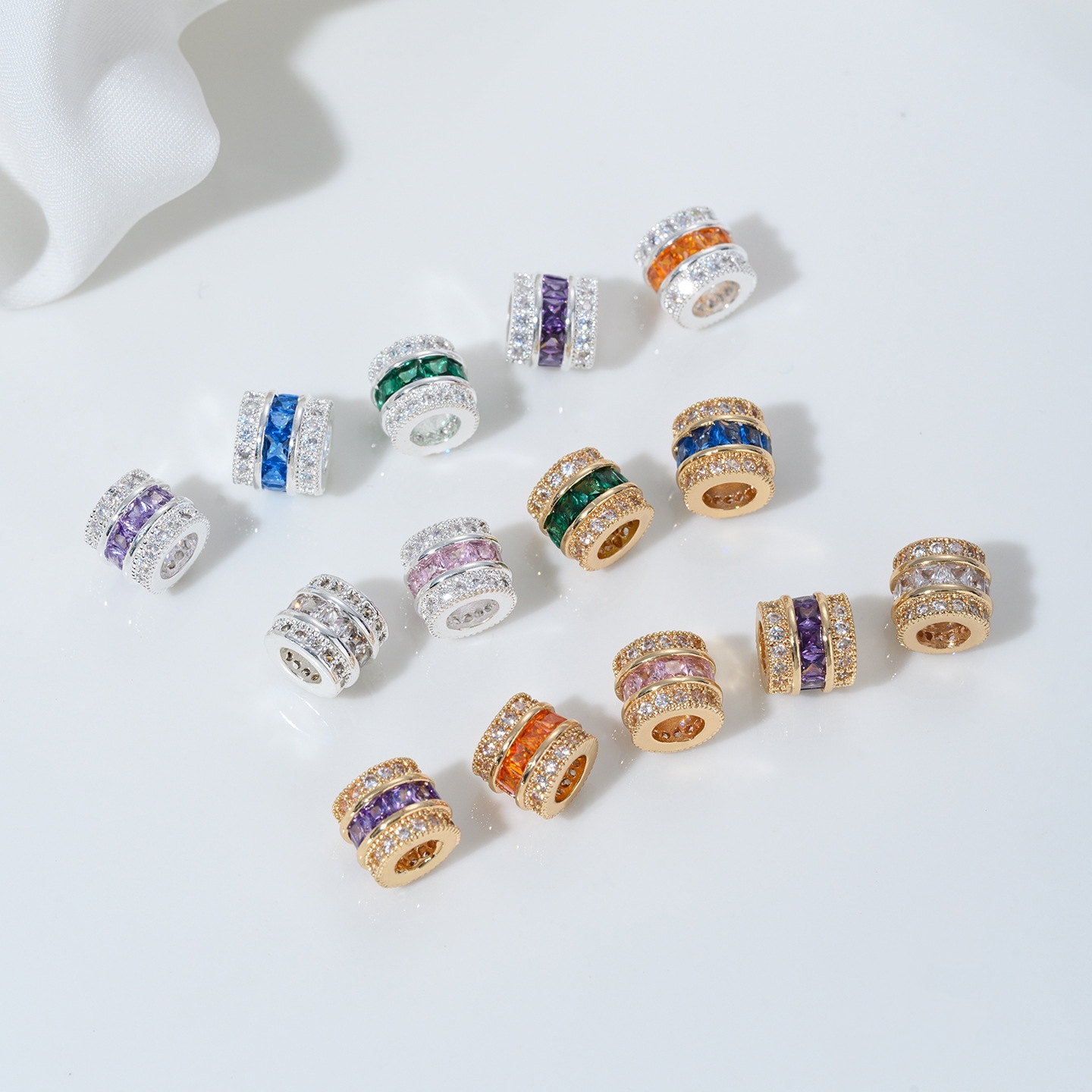 Zirconia Inlaid Gold Plated Cylindrical Spacer Beads 7*7*8mm Multiple Color