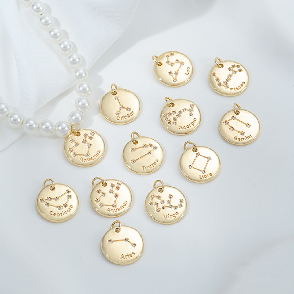 15.5mm Zircon Inlaid 12 Constellations Round Coin Charms Pendant