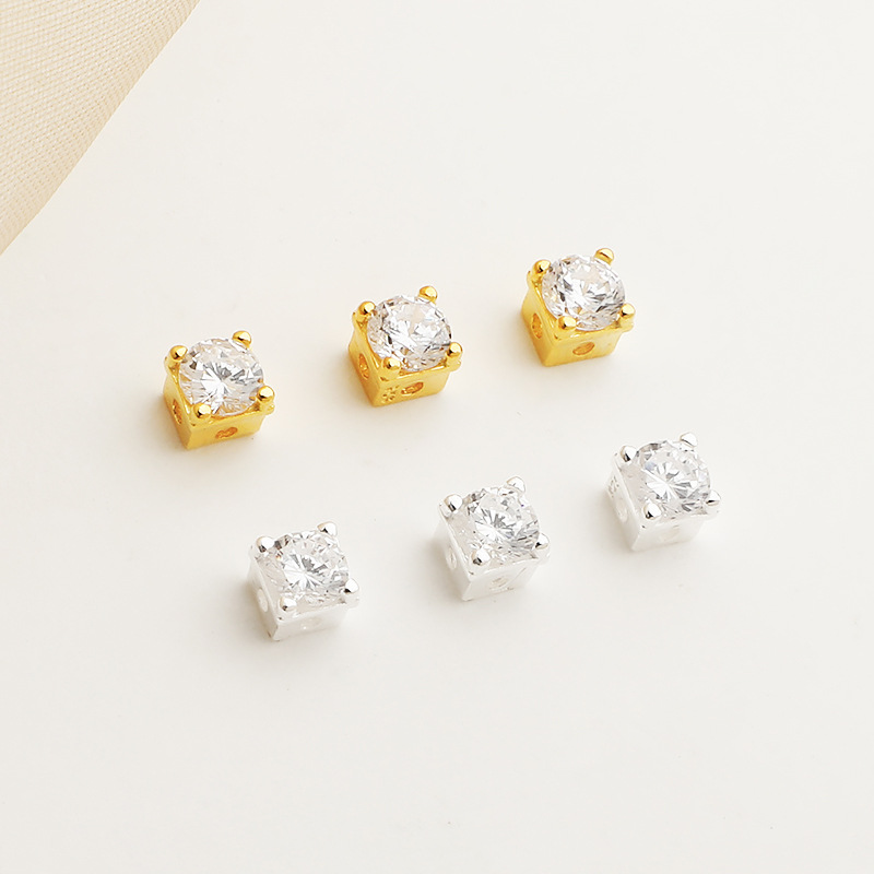 4*4mm Zirconia Inlaid 925 Sterling Silver Cube Spacer Bead 1piece