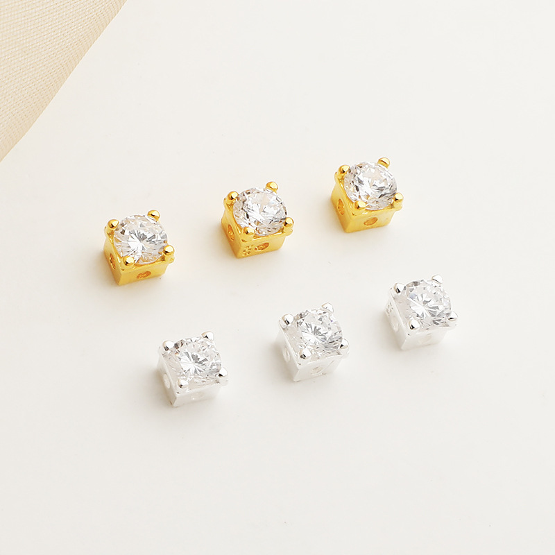 4*4mm Zirconia Inlaid 925 Sterling Silver Cube Spacer Bead 1piece