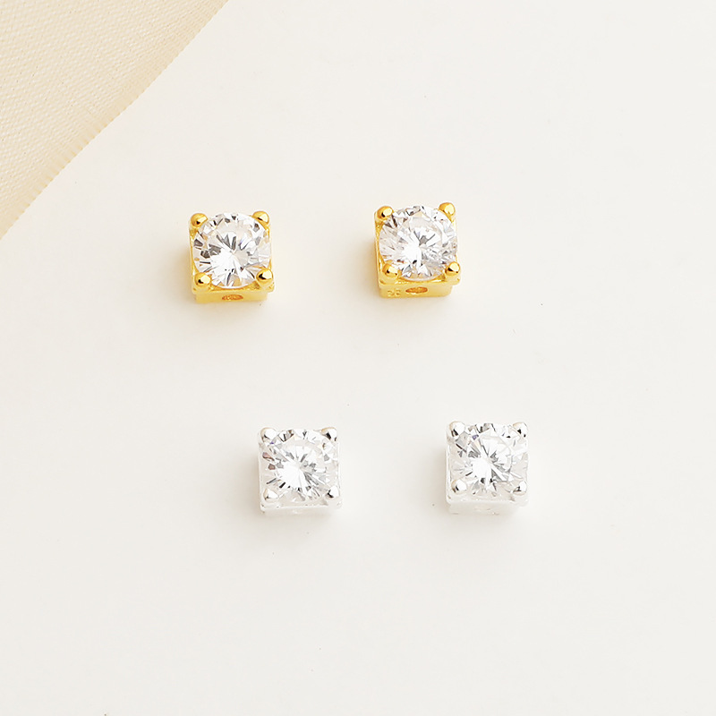 4*4mm Zirconia Inlaid 925 Sterling Silver Cube Spacer Bead 1piece