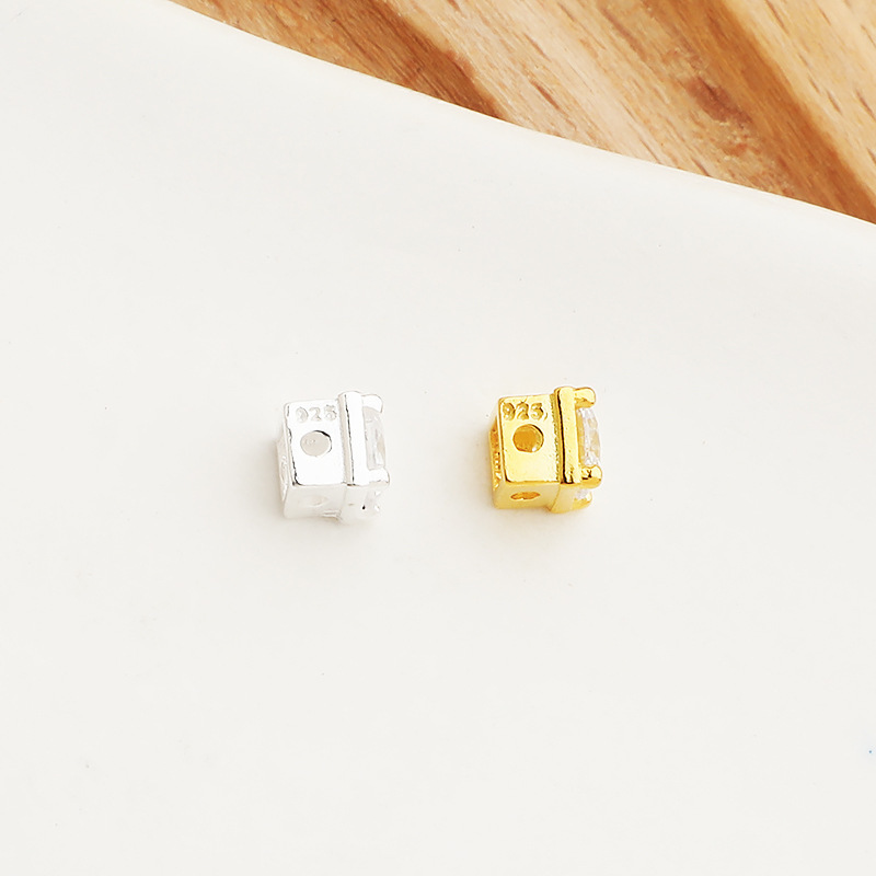 4*4mm Zirconia Inlaid 925 Sterling Silver Cube Spacer Bead 1piece