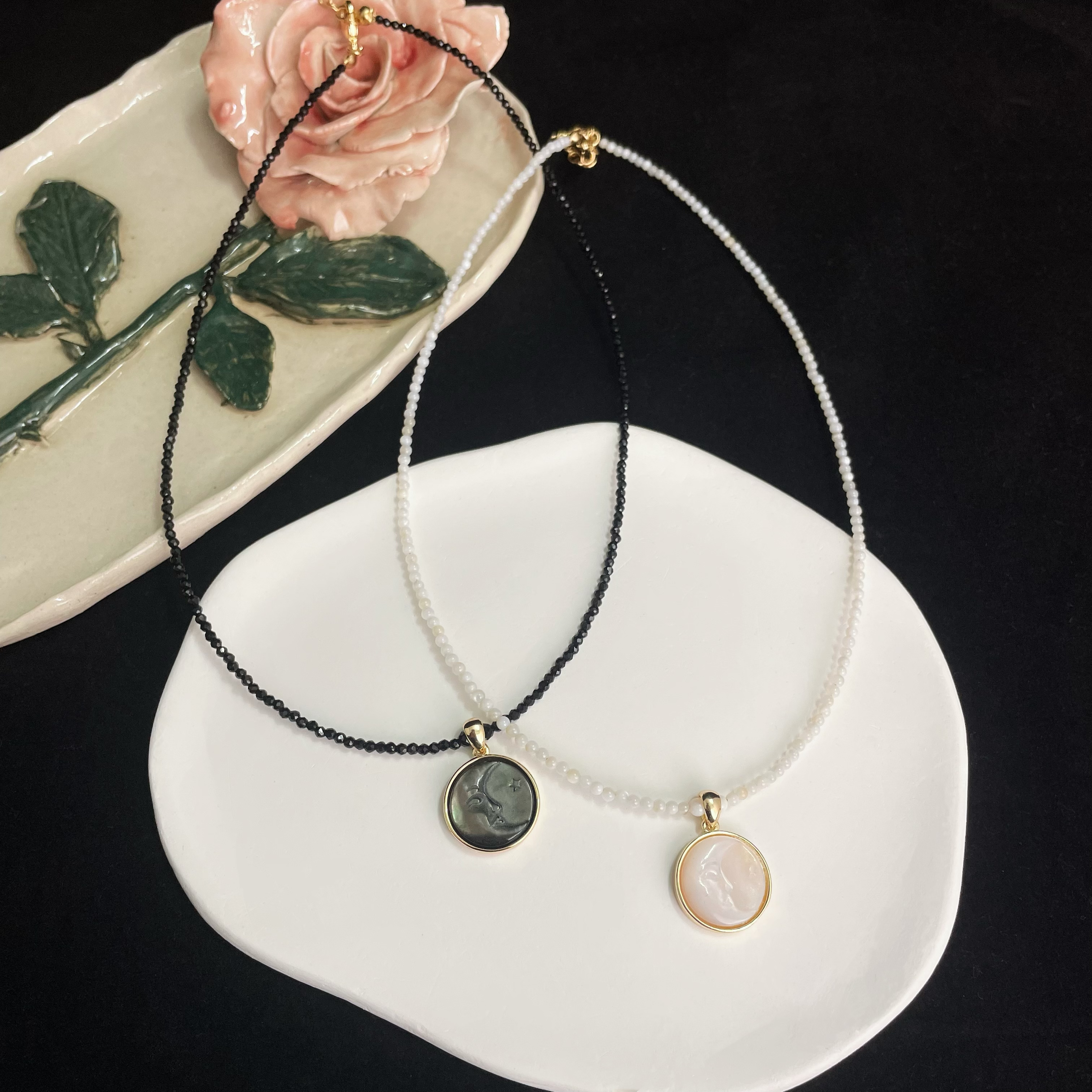  Celestial Elegance Beads Necklace with Mother-of-Pearl Moon Pendant