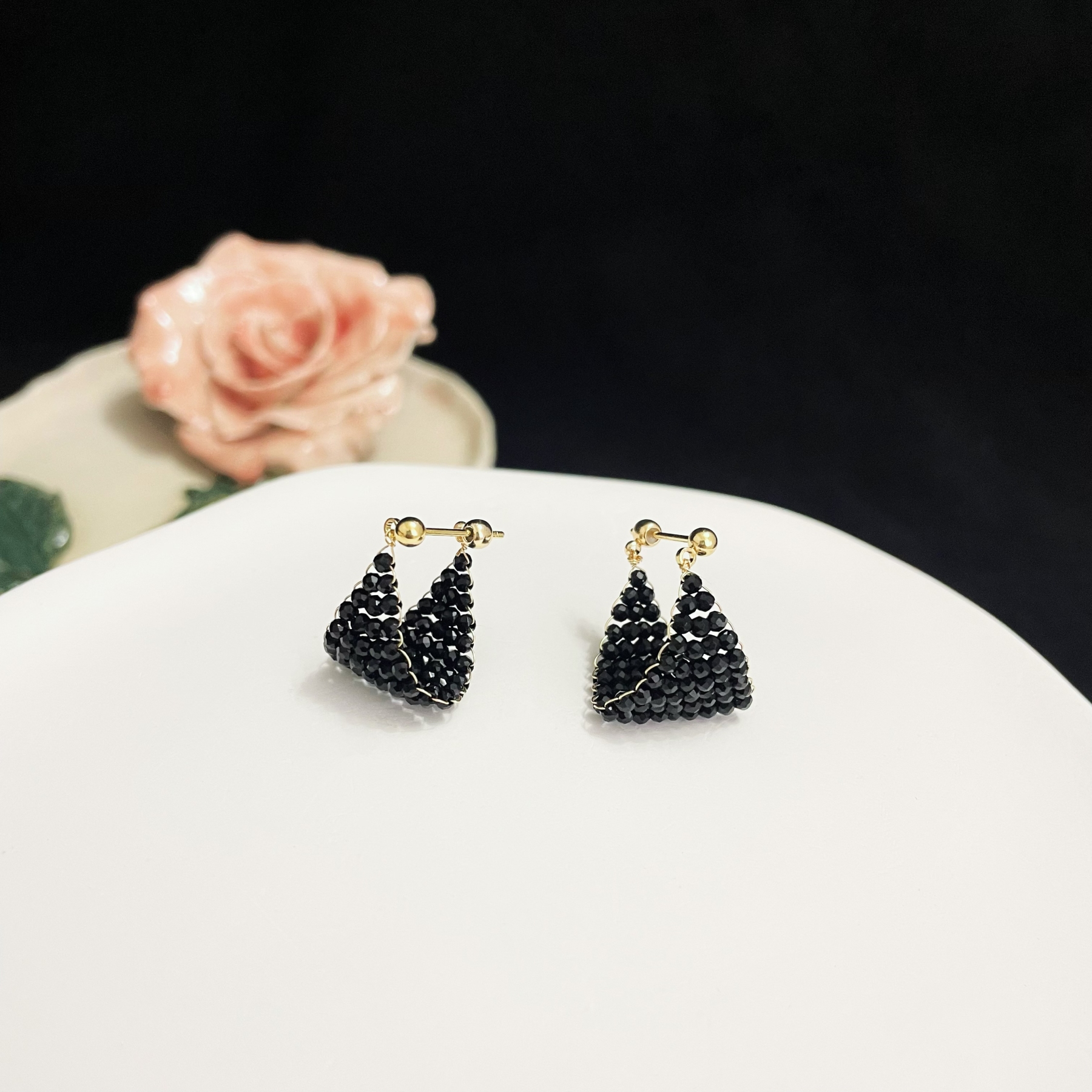 Woven Black Spinel Earrings Black Boat in the Milky Way