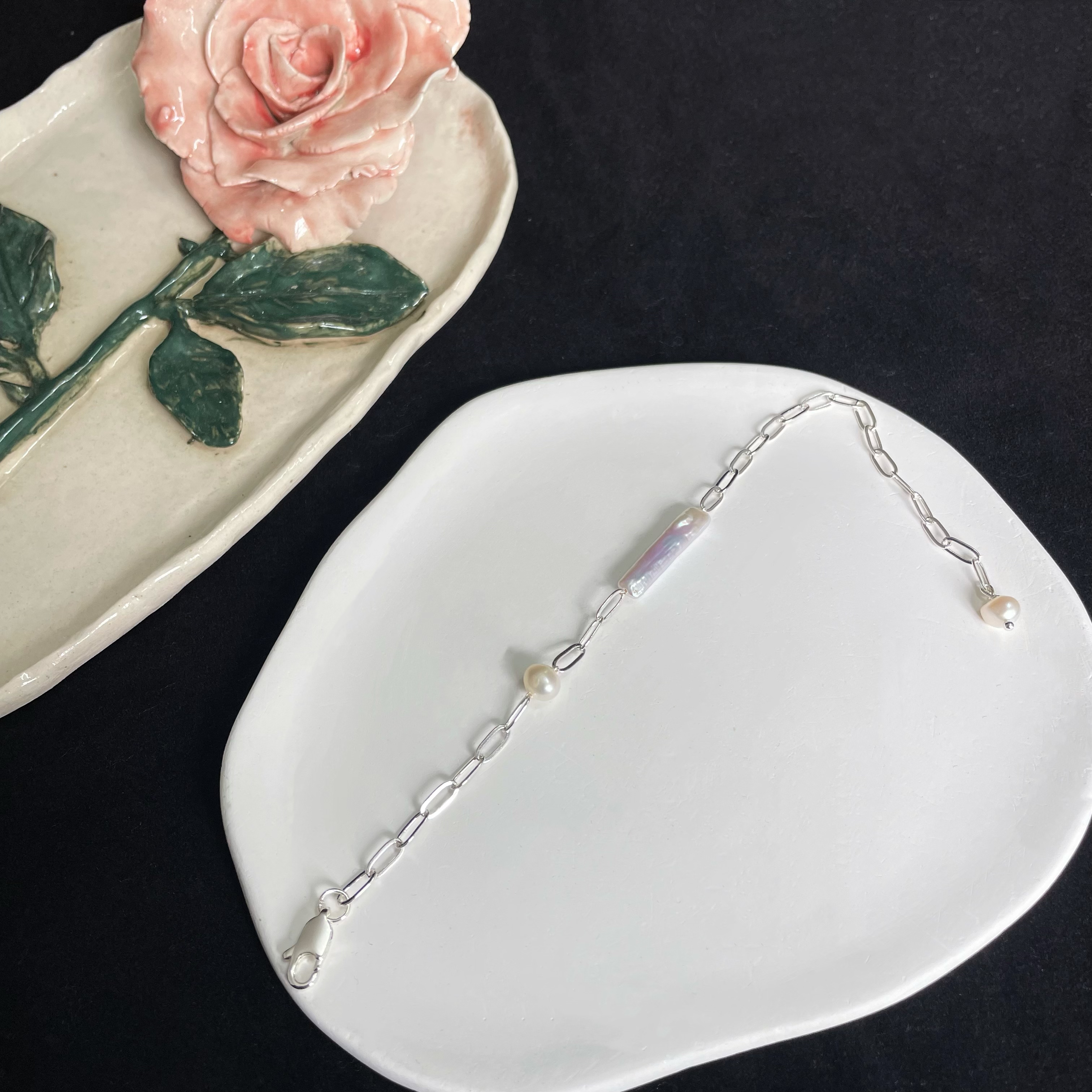 Baroque Pearl Bar Square Chain Bracelet