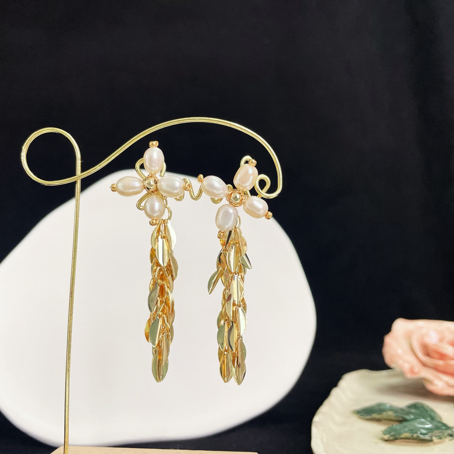 Four-Petaled Pearl Flower with Golden Leaves Tassels Earrings