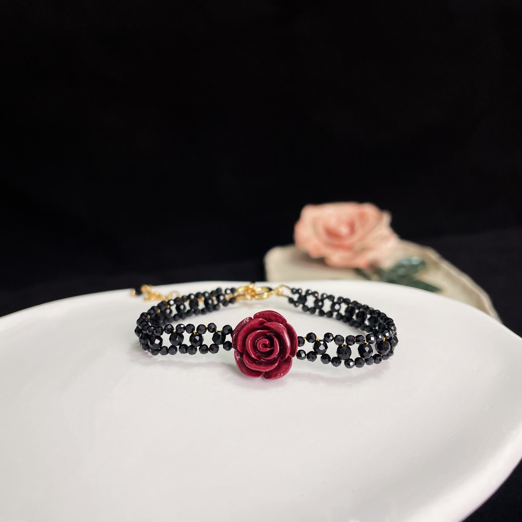 Woven Black Spinels Lace with Vermilion Stone Carved Rose Bracelet