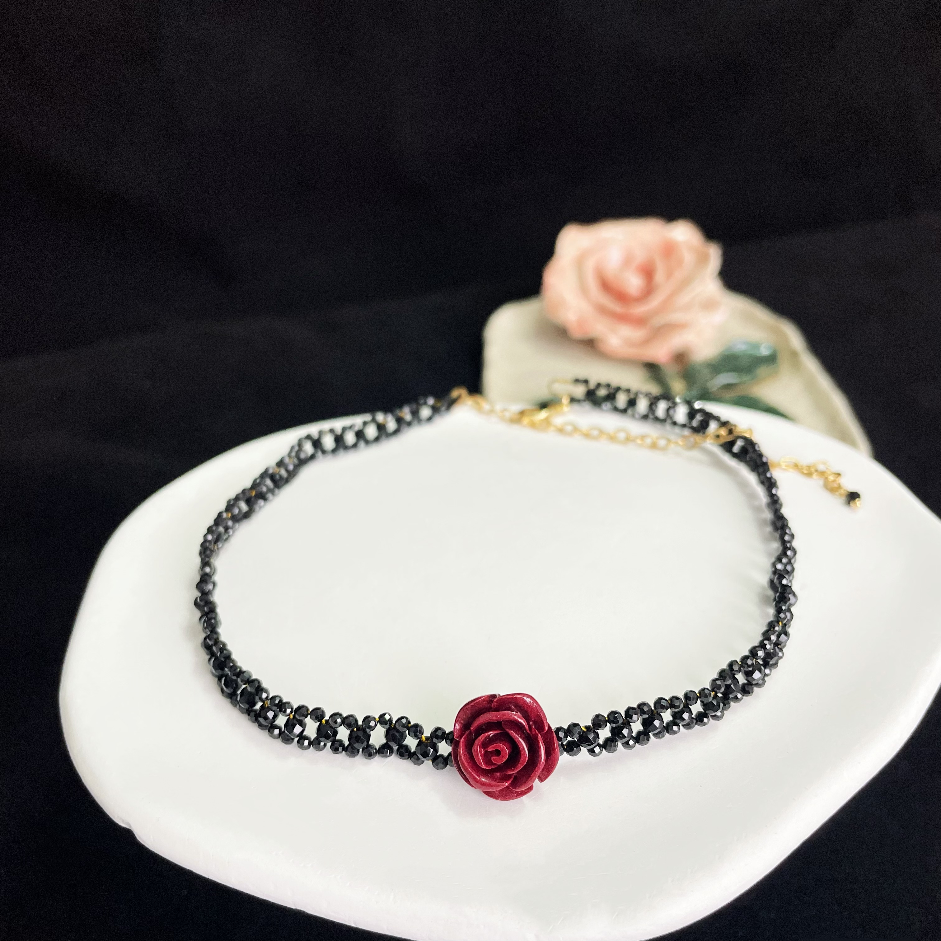 Vermilion Stone Carved Rose Choker with Woven Black Spinels Lace