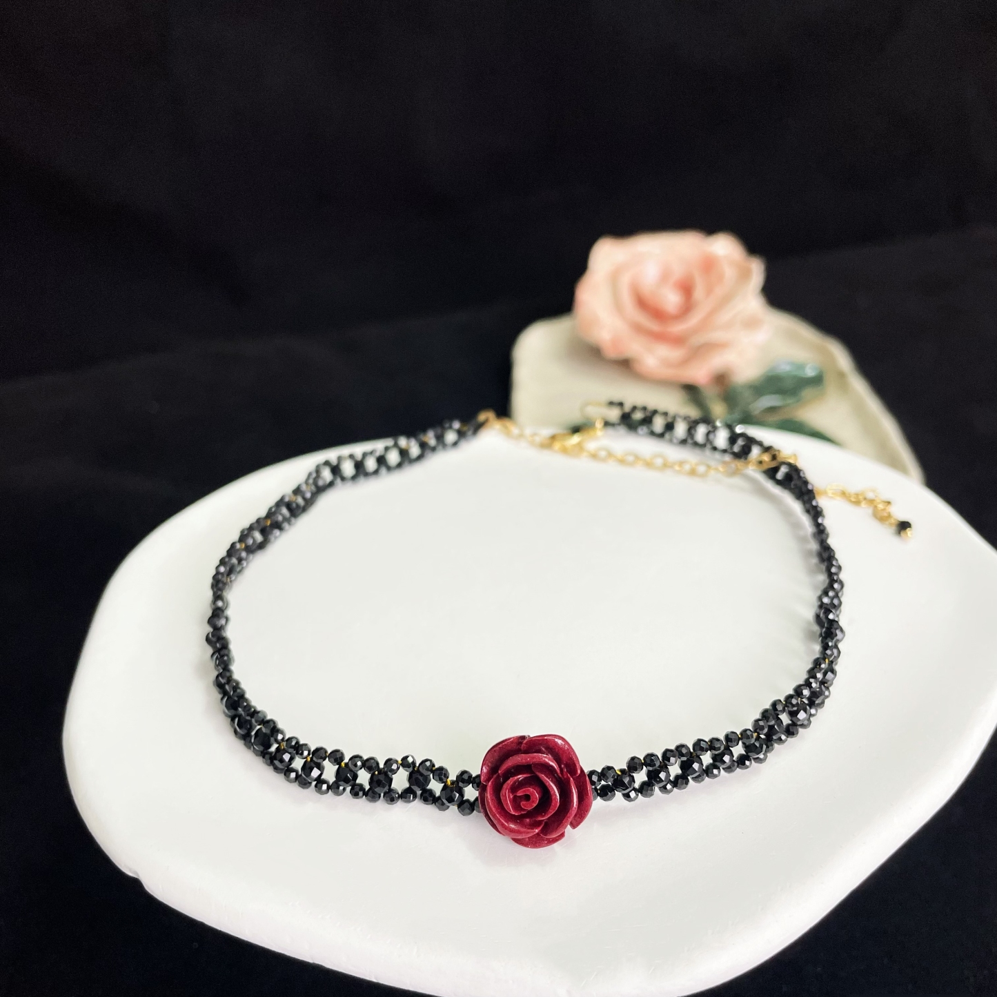Vermilion Stone Carved Rose Choker with Woven Black Spinels Lace