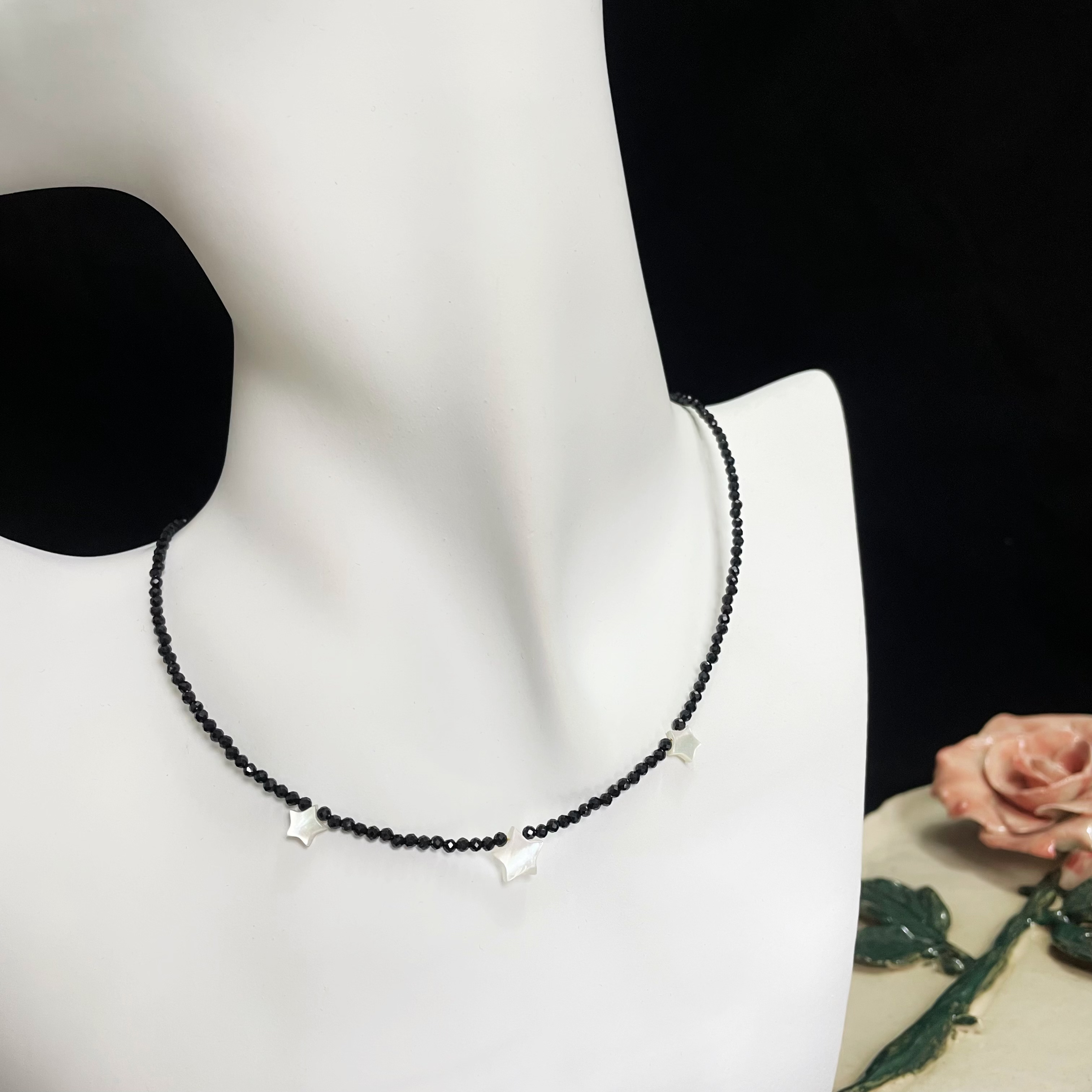 Black Spinel Mini Faceted Beads with Shell Star Necklace