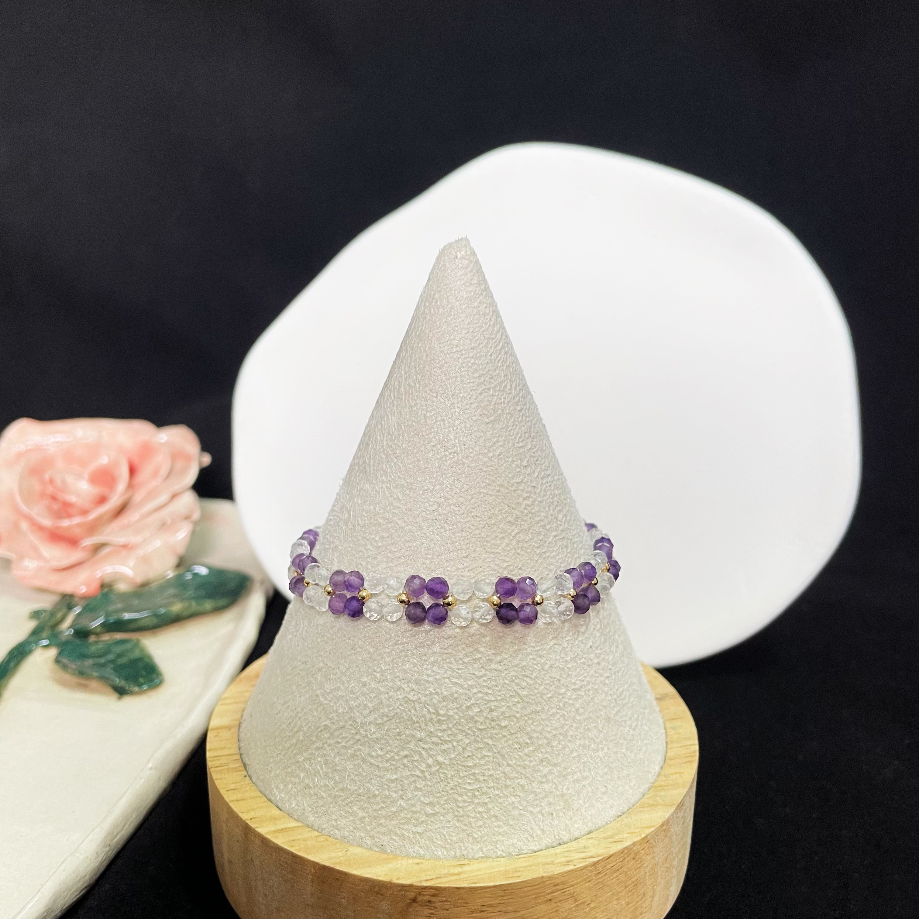 Double-Layer Woven Amethyst and Clear Quartz Faced Beads Bracelet