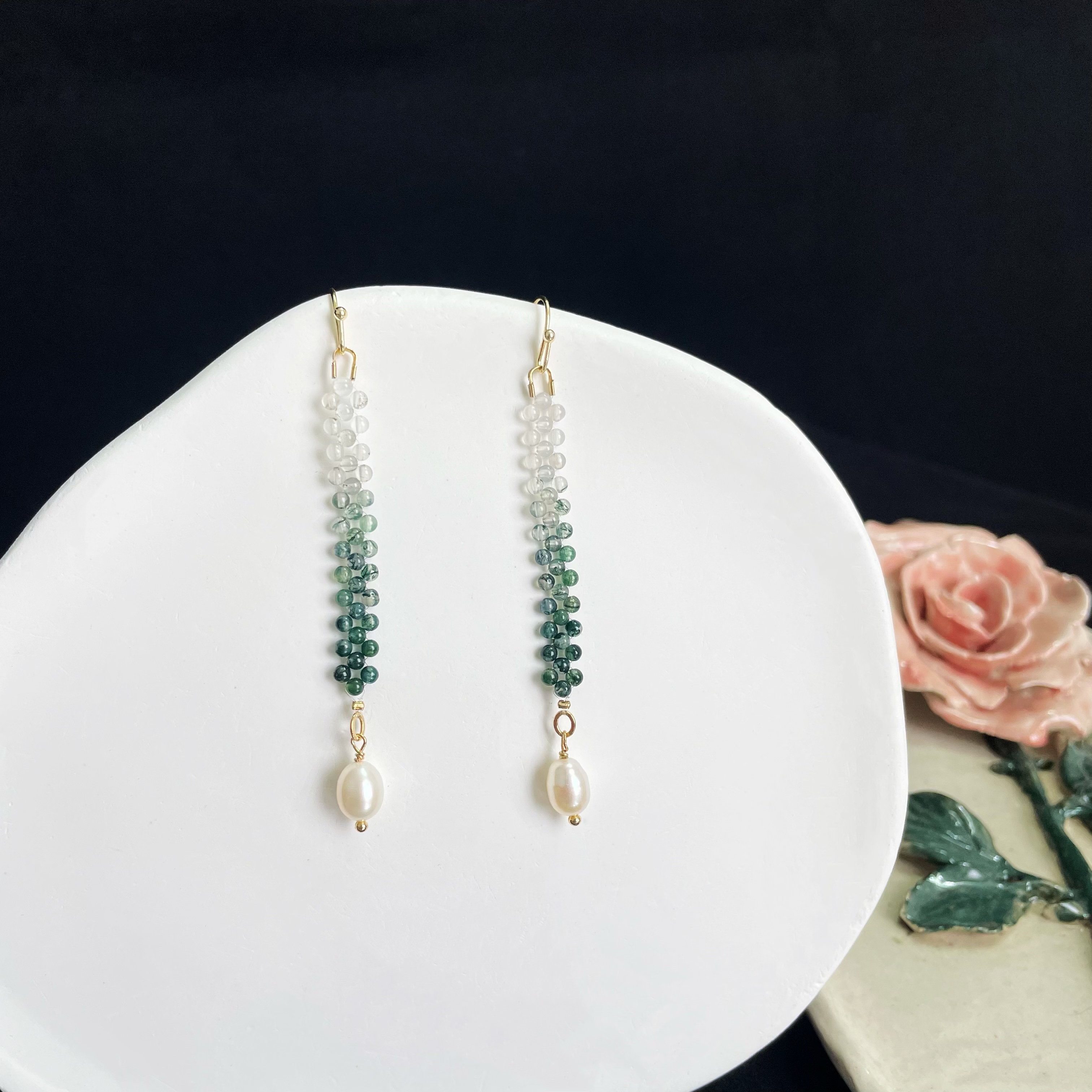 Woven Moss Agate and Pearl Drop Earrings
