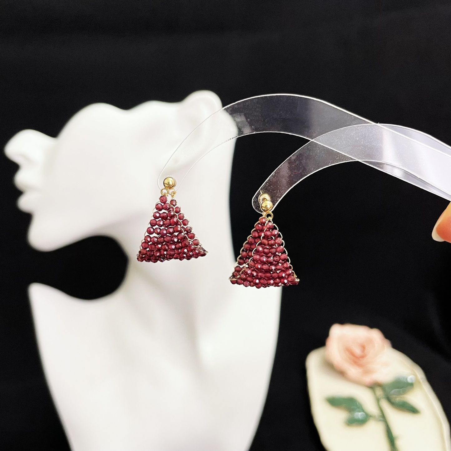 Wine Red Garnet Woven Boat Dangle Earrings