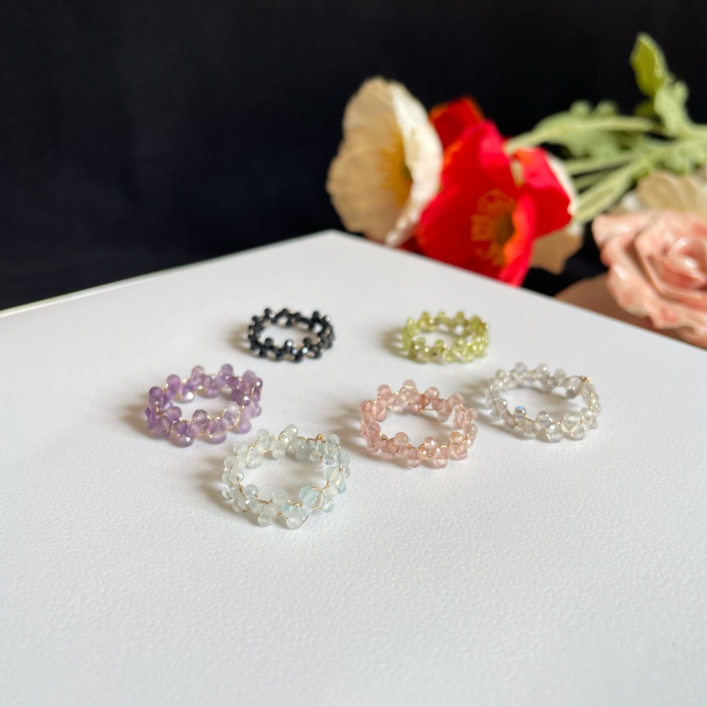 Gemstone Mini Faceted Beads Woven Lace Ring