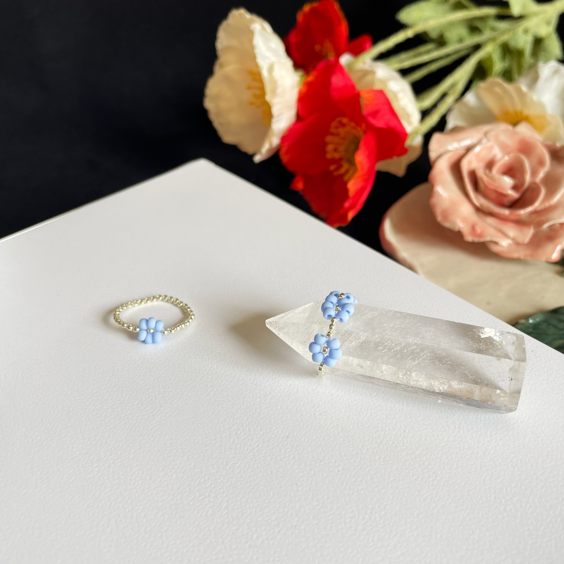 Creamy Blue Beaded Flower Ring