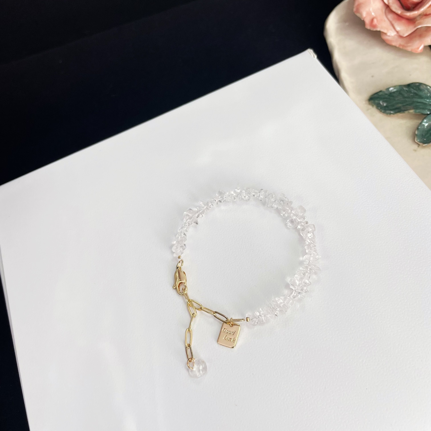 Clear Quartz Raw Stones Bracelet with "Good Luck" Charm
