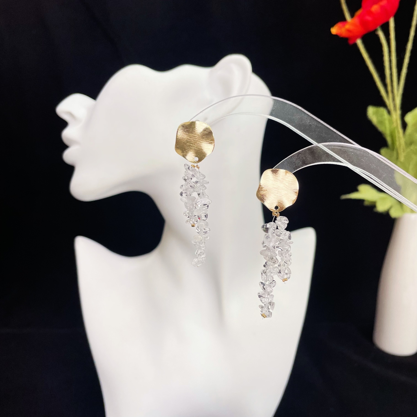 Clear Quartz Raw Stones Drop Earrings with Gold Wave Round Disc