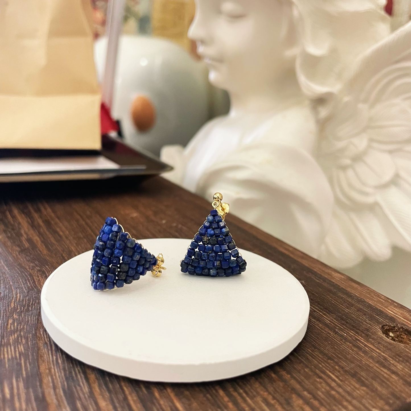 Woven Lapis Lazuli Earrings Dark Blue Boat in the Milky Way
