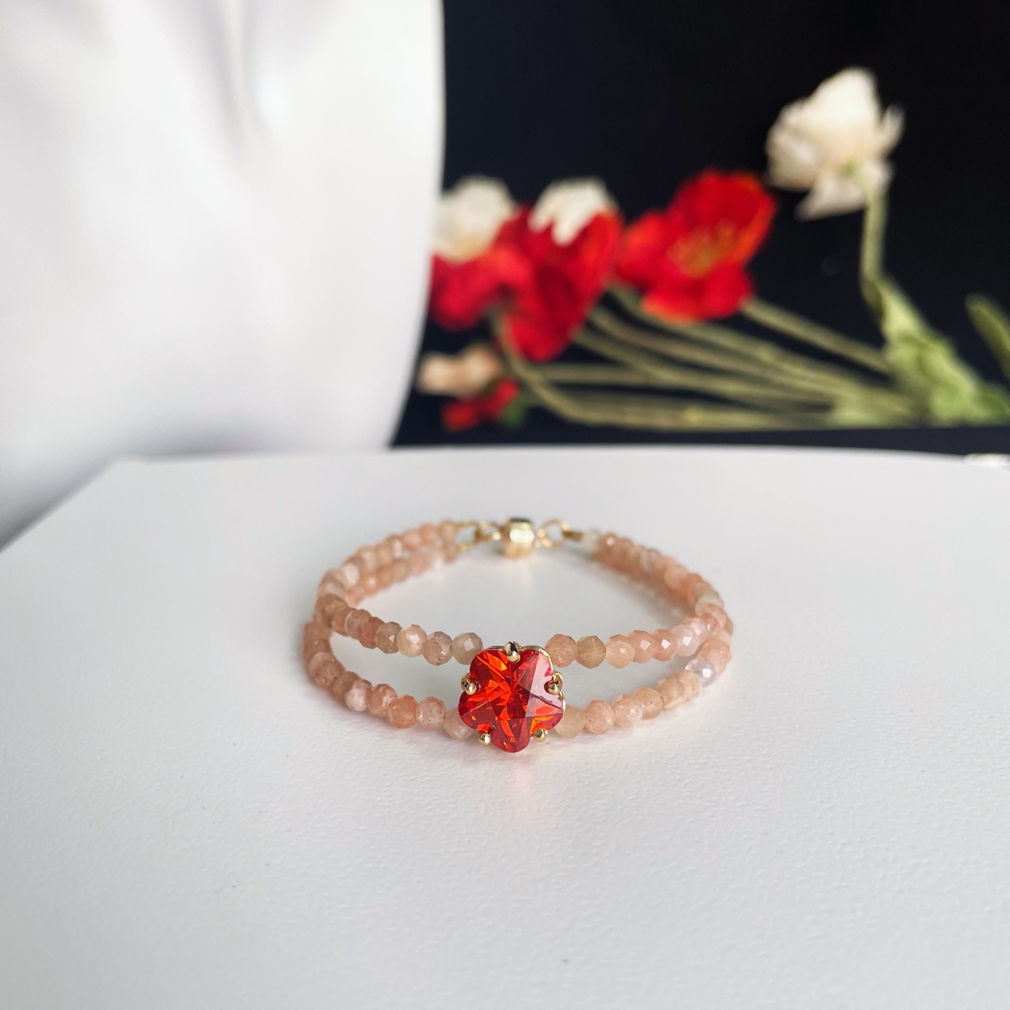 Elegant Double Line Gemstone Faced Beads Bracelet with Zircon Peach Blossom Charm