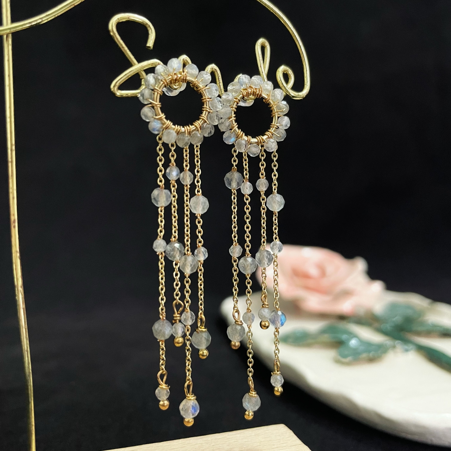 Labradorite Faceted Beads Woven Circle Earrings with Labradorite Chain Tassels