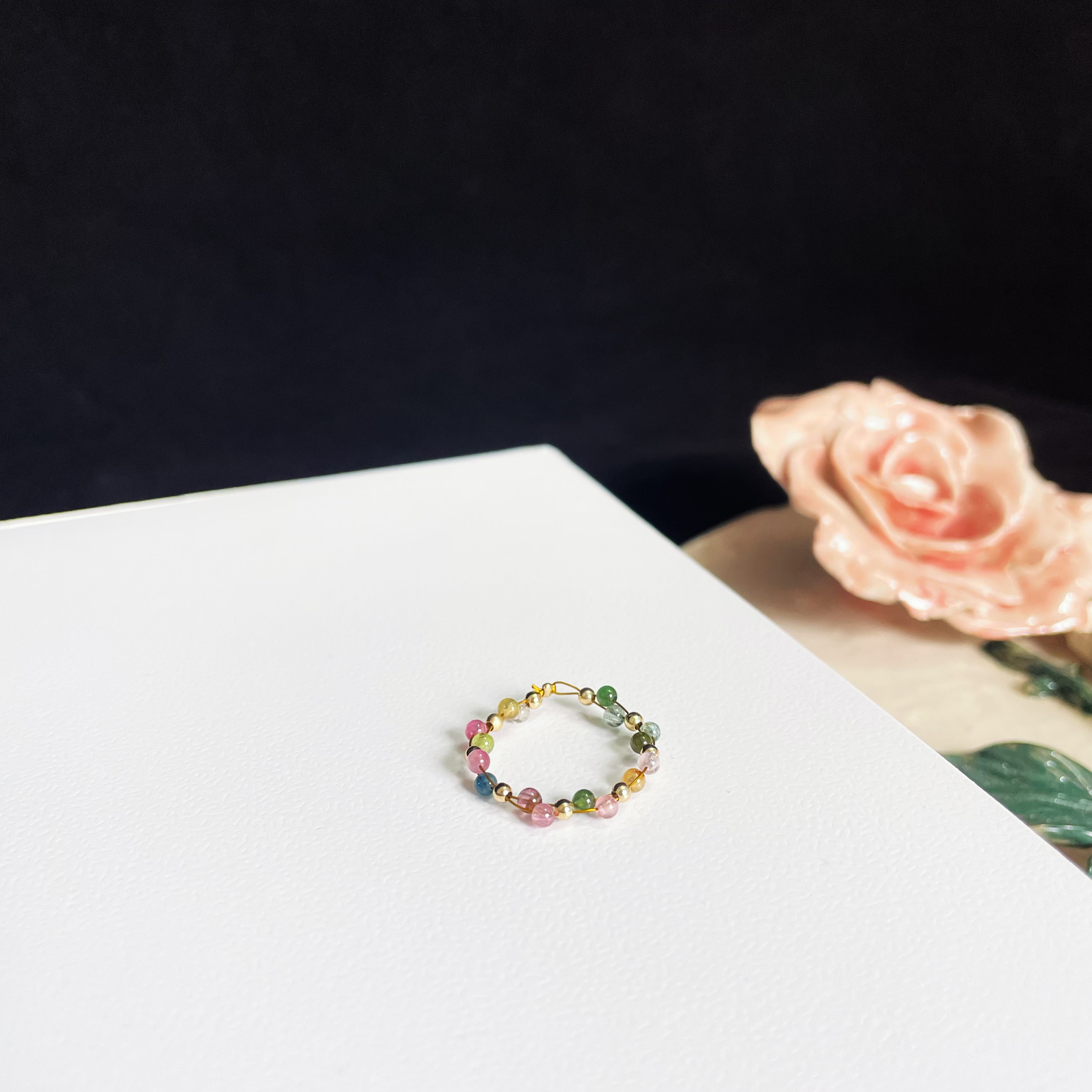 Woven Dual-Line Gemstone Ring Red Agate, Lapis Lazuli, and Rainbow Tourmaline