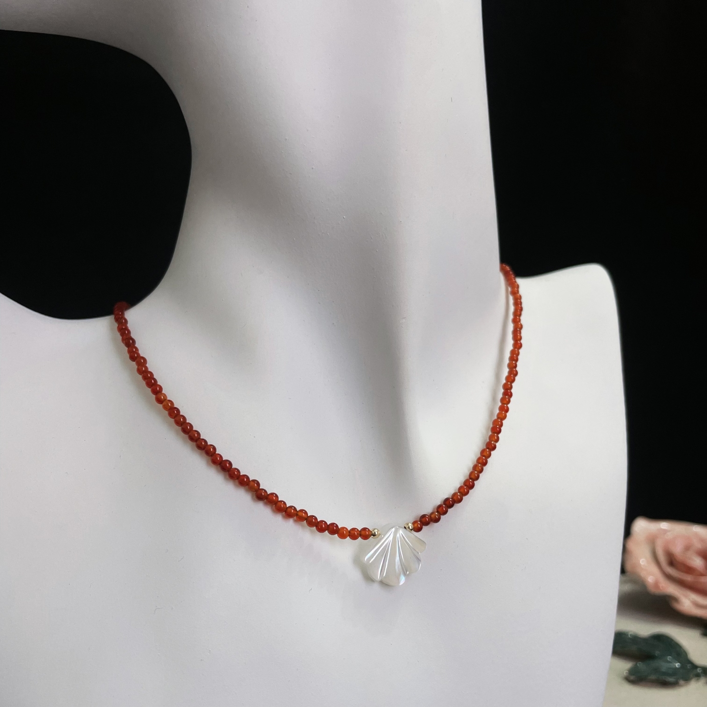Red Agate and White Shell Charm Necklace