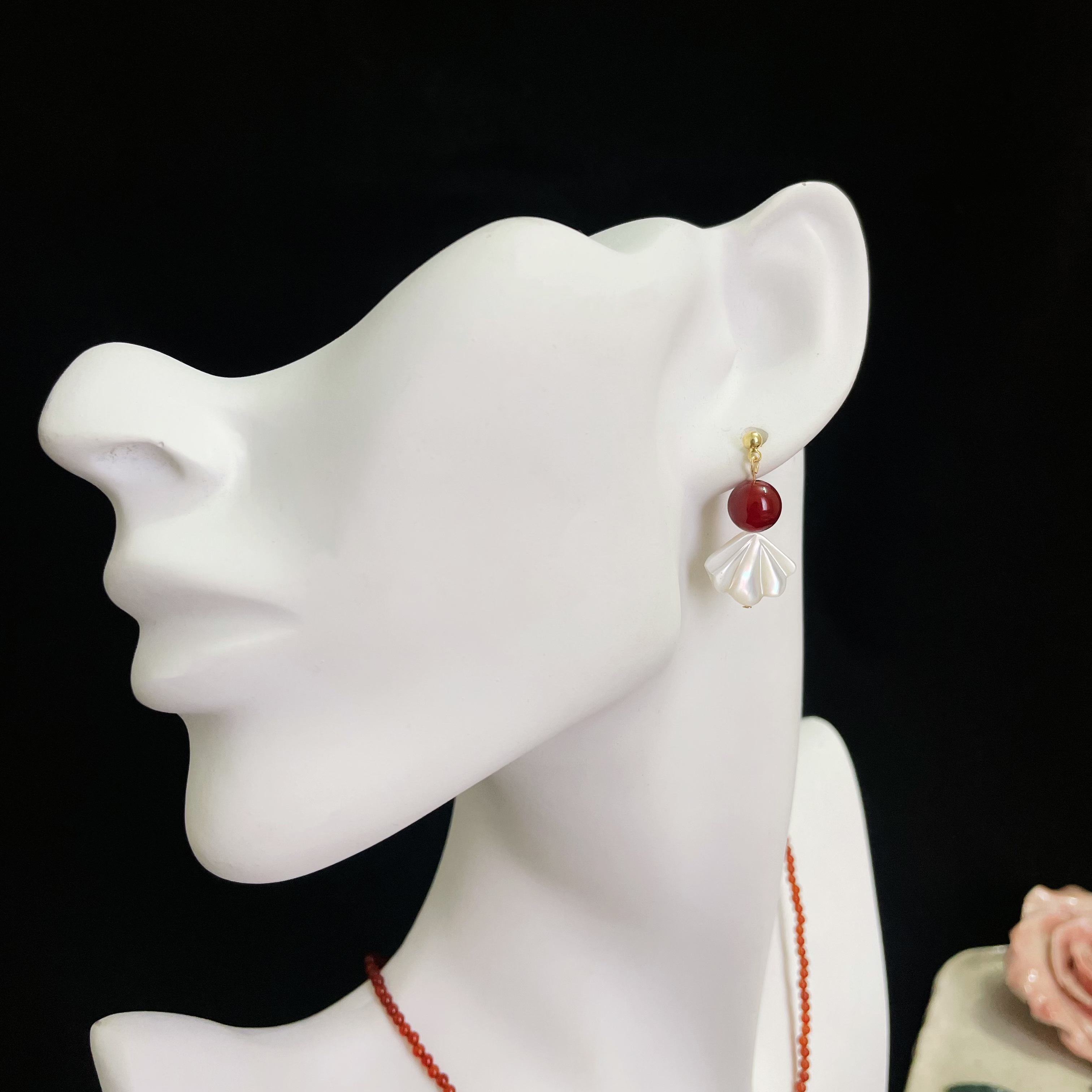 Goldfish Inspired Earrings Red Agate and White Shell Fishtail Design