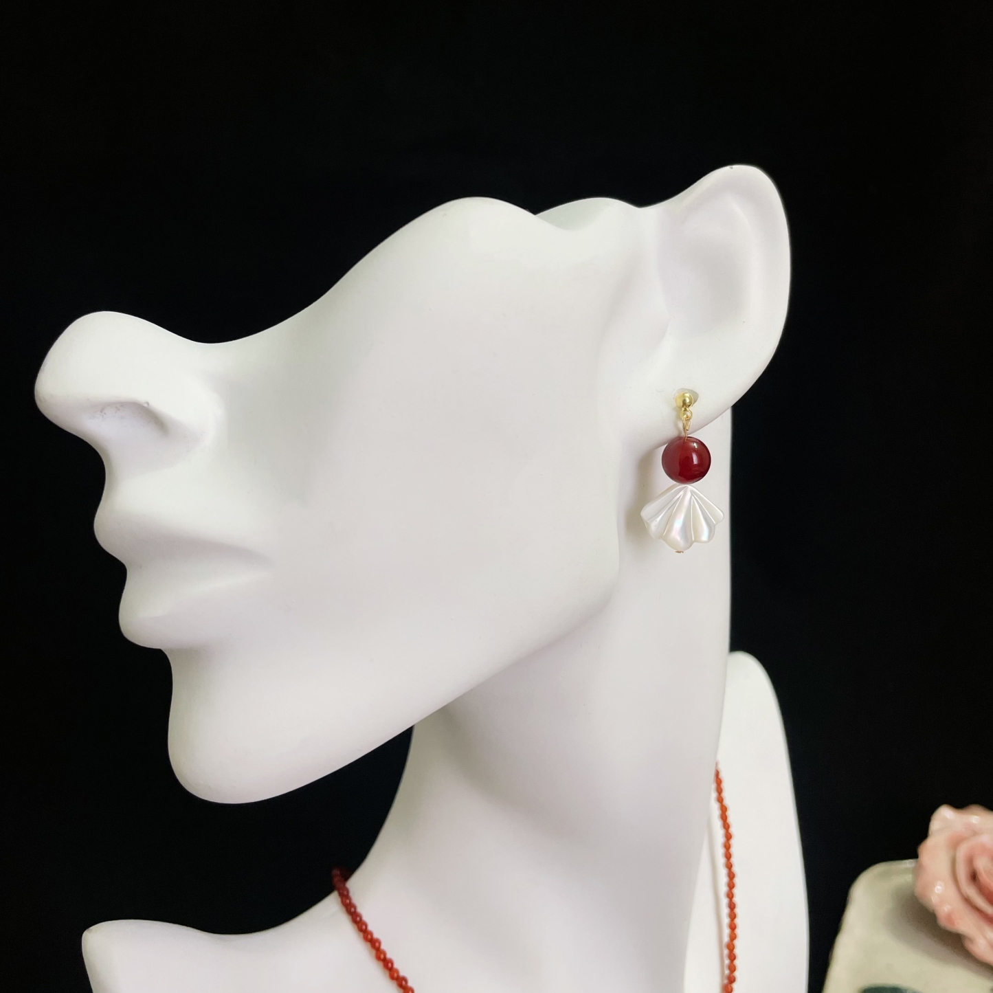 Goldfish Inspired Earrings Red Agate and White Shell Fishtail Design