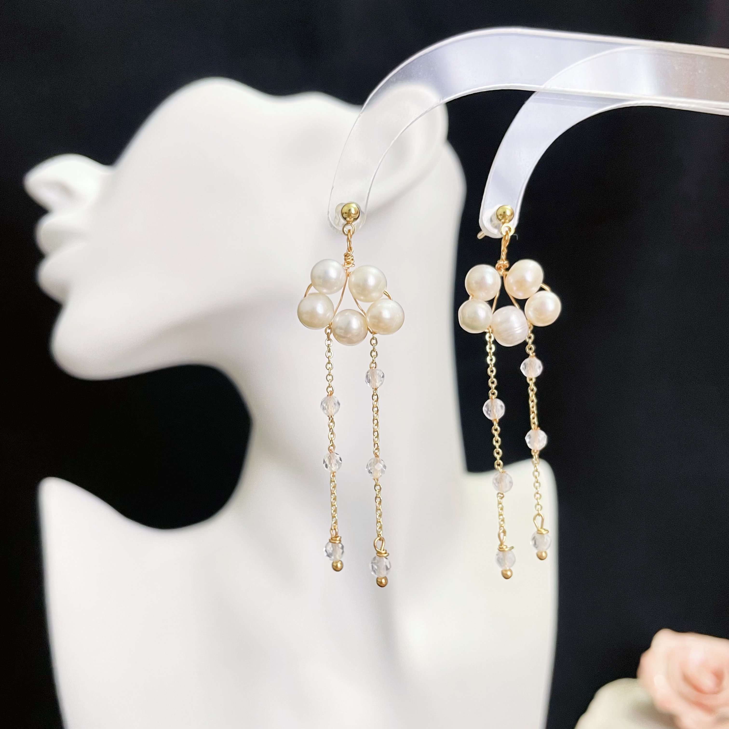 Rainy Cloud Earrings Freshwater Pearl Cloud and Clear Quartz Rain