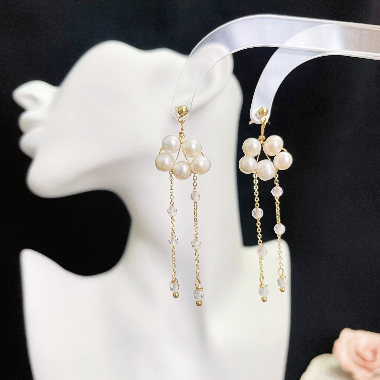 Rainy Cloud Earrings Freshwater Pearl Cloud and Clear Quartz Rain