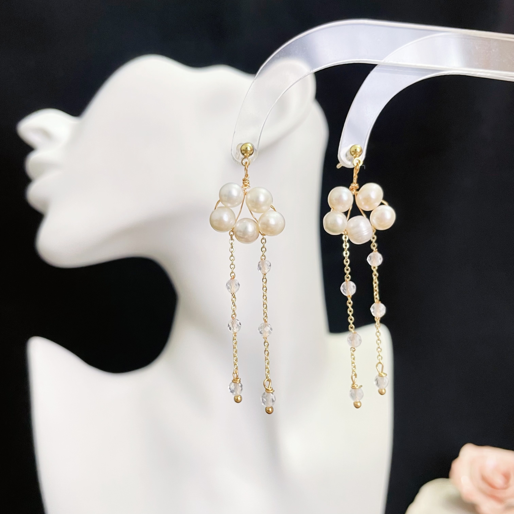 Rainy Cloud Earrings Freshwater Pearl Cloud and Clear Quartz Rain