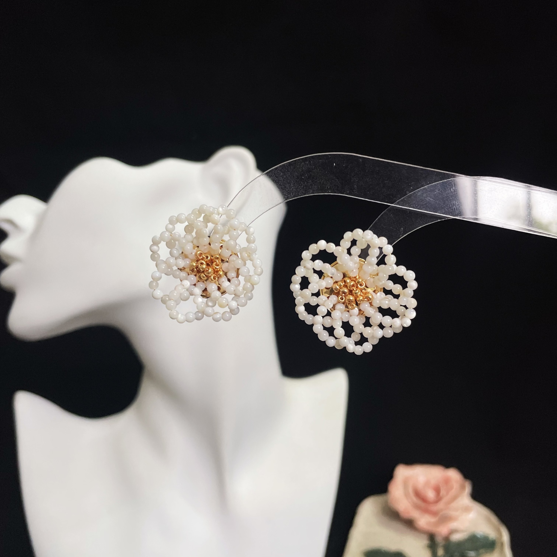 Elegant Trochus Shell Beads Camellia Stud Earrings