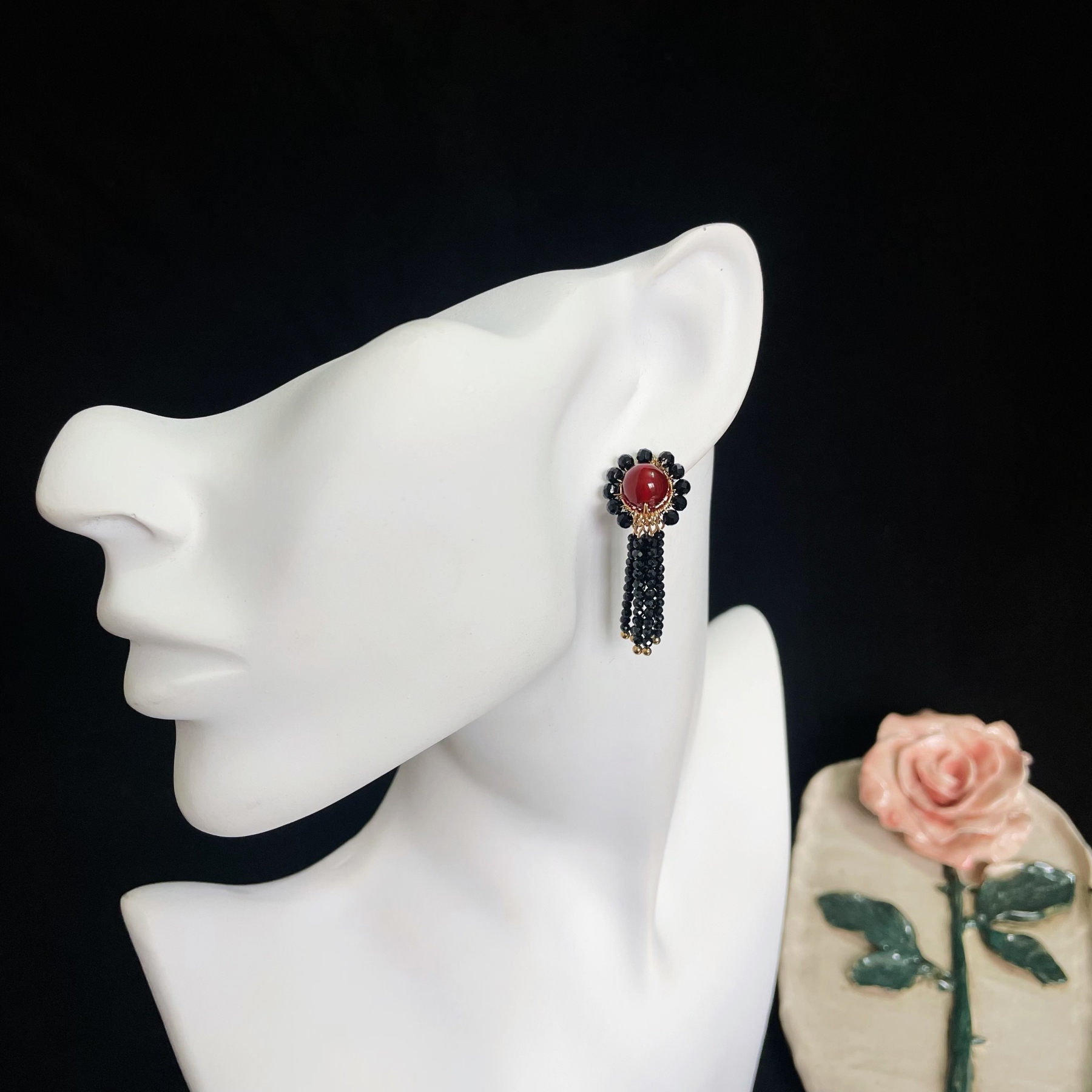 Red Agate and Black Spinel Woven Flower with Tassels Earrings