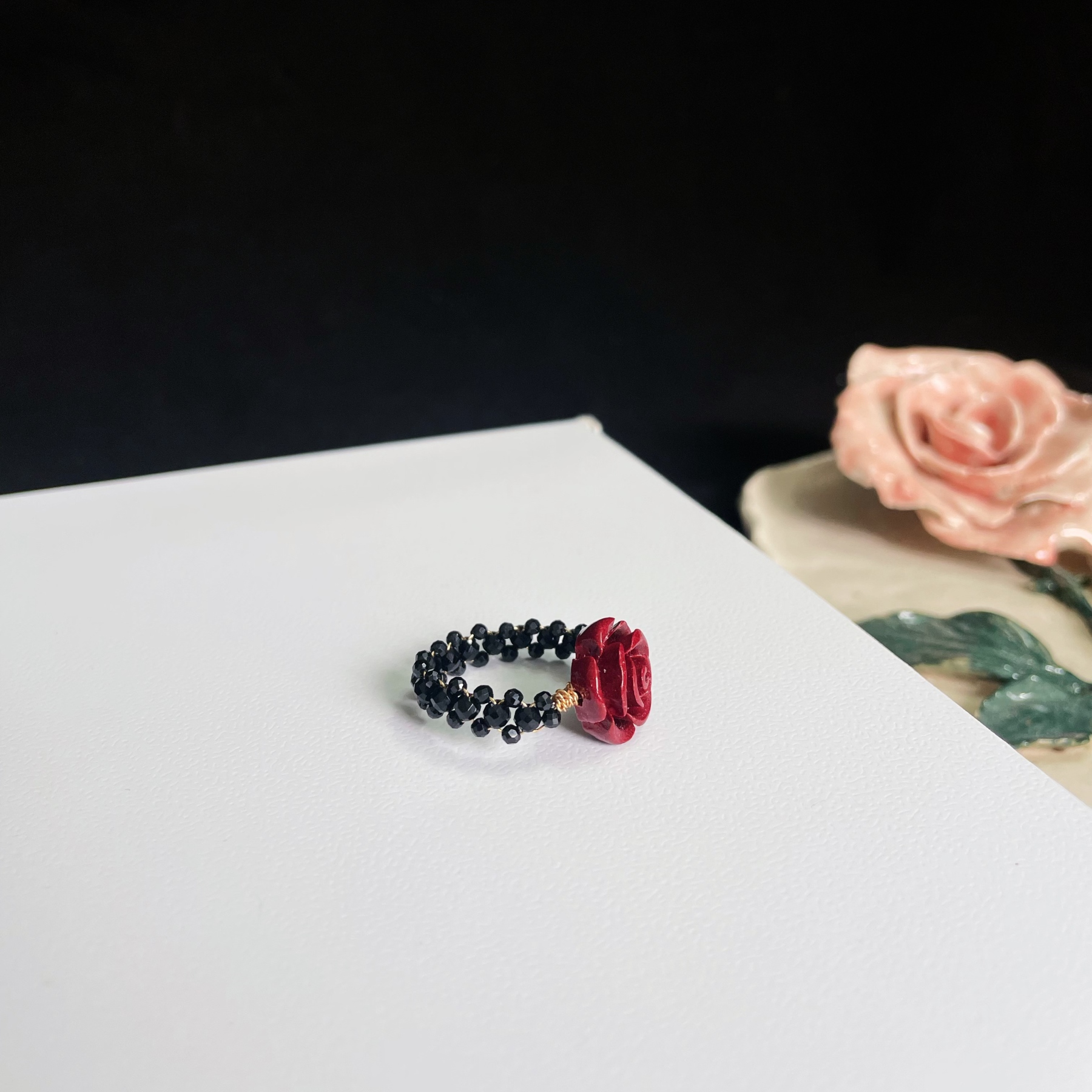 Spinel Faced Beads Woven Lace Ring with Cinnabar Rose Centre