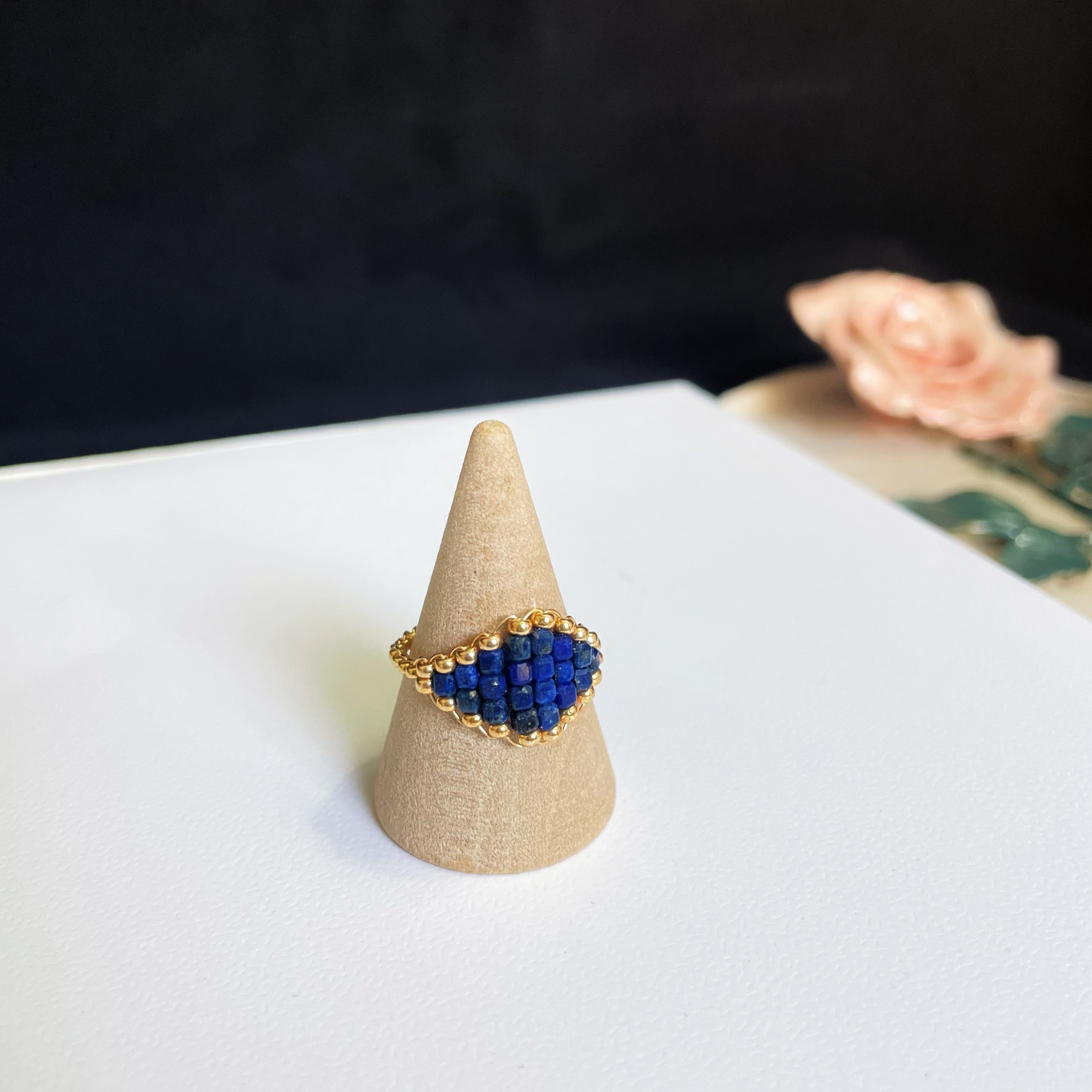 Evil Eye Inspired Lapis Lazuli & Gold Seed Beads Woven Ring