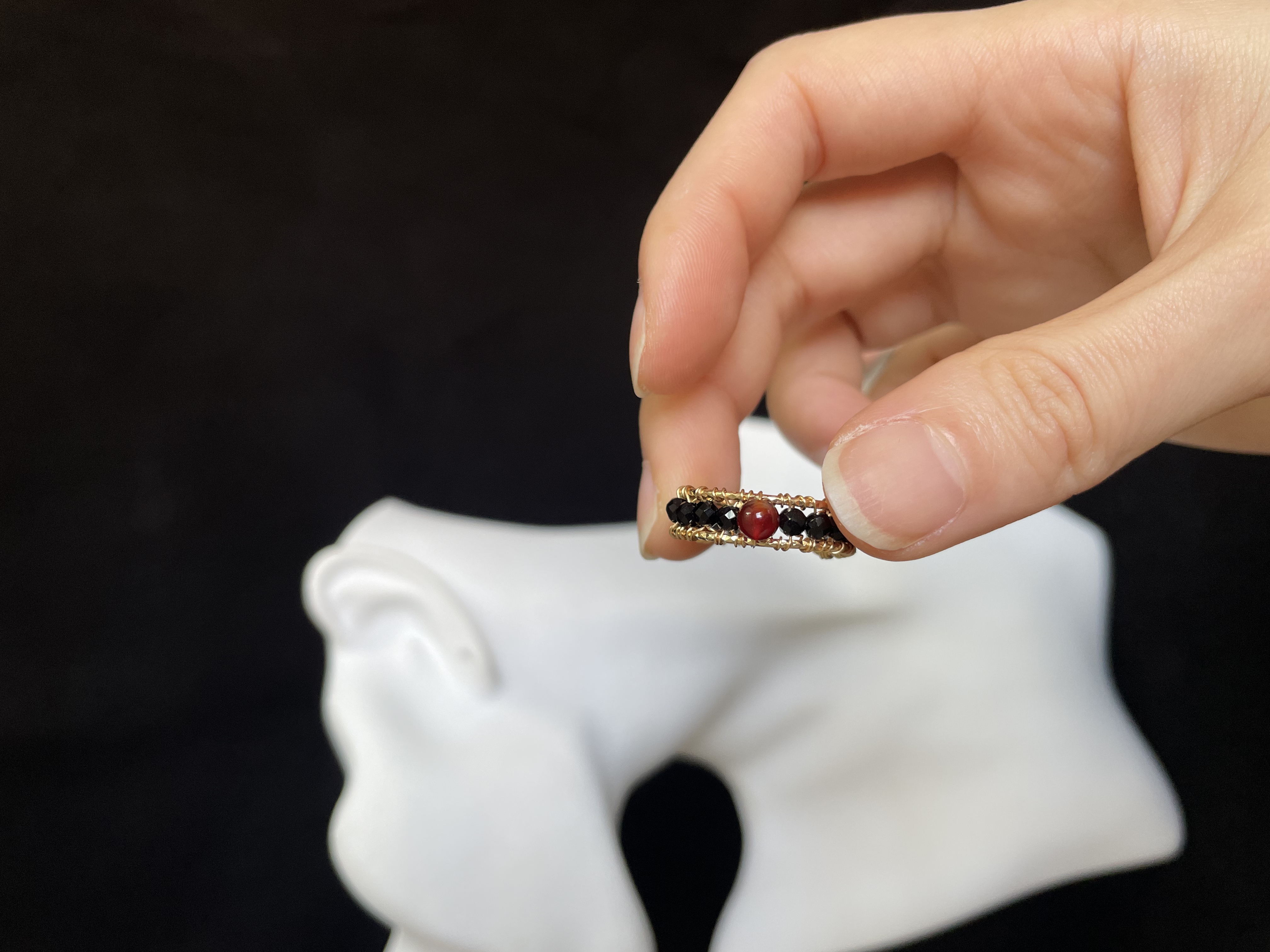 Black Spinel and Red Agate Woven Open Ring