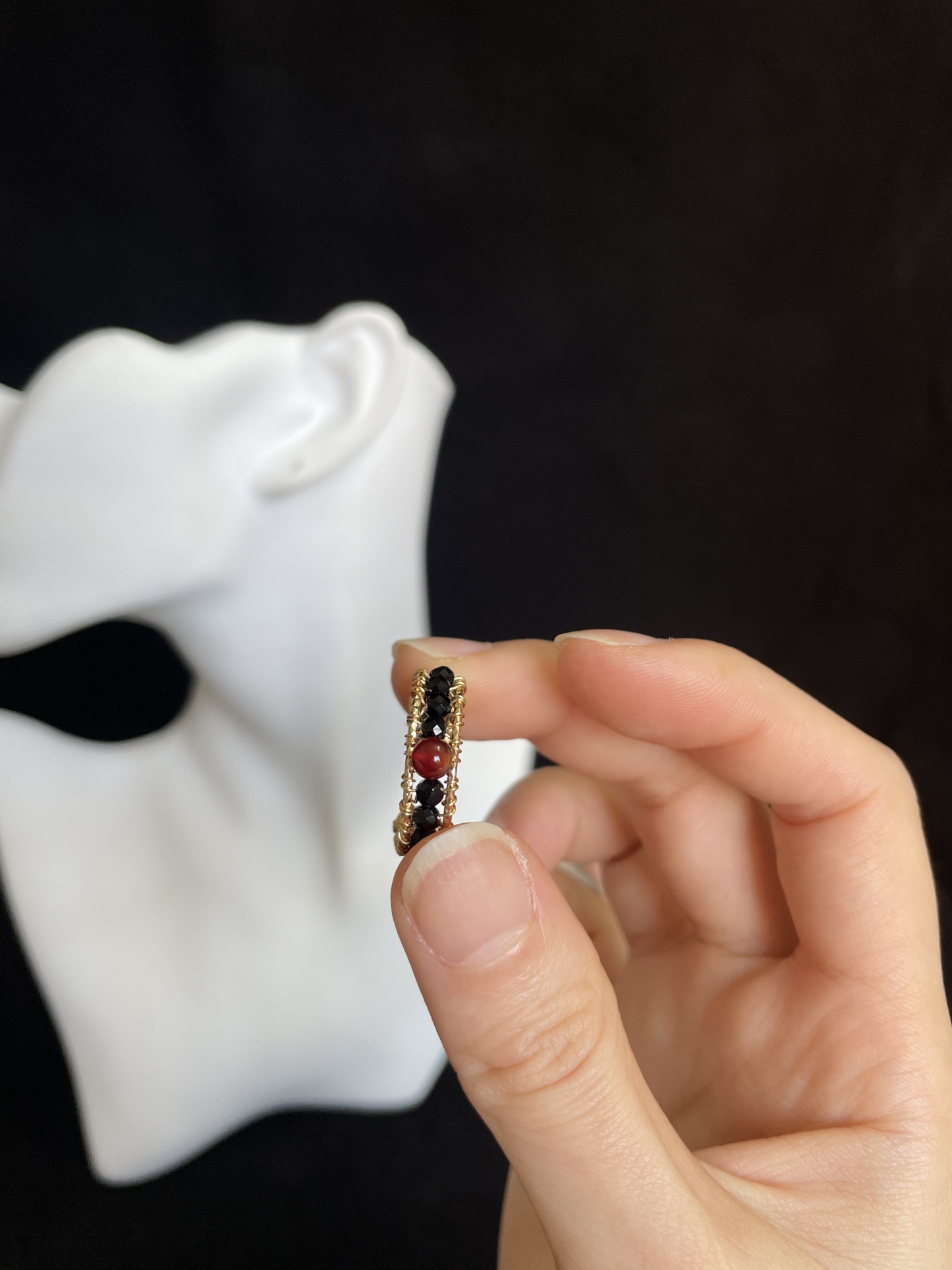 Black Spinel and Red Agate Woven Open Ring