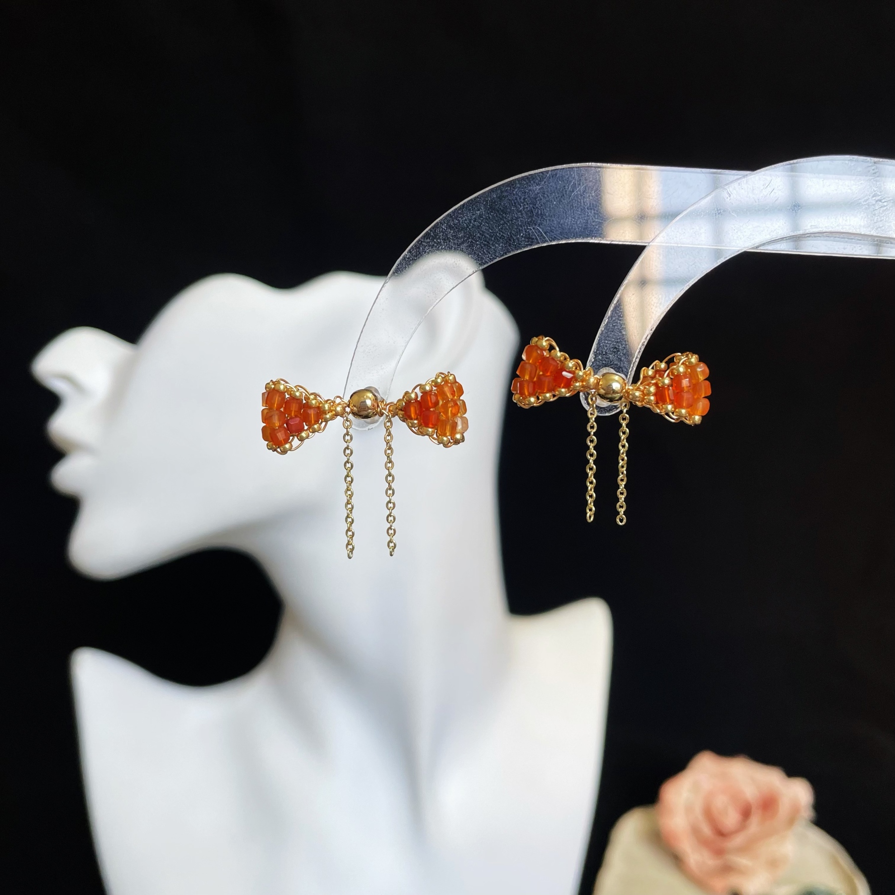 Red Agate Woven Orange-Red Bowknot Stud Earrings