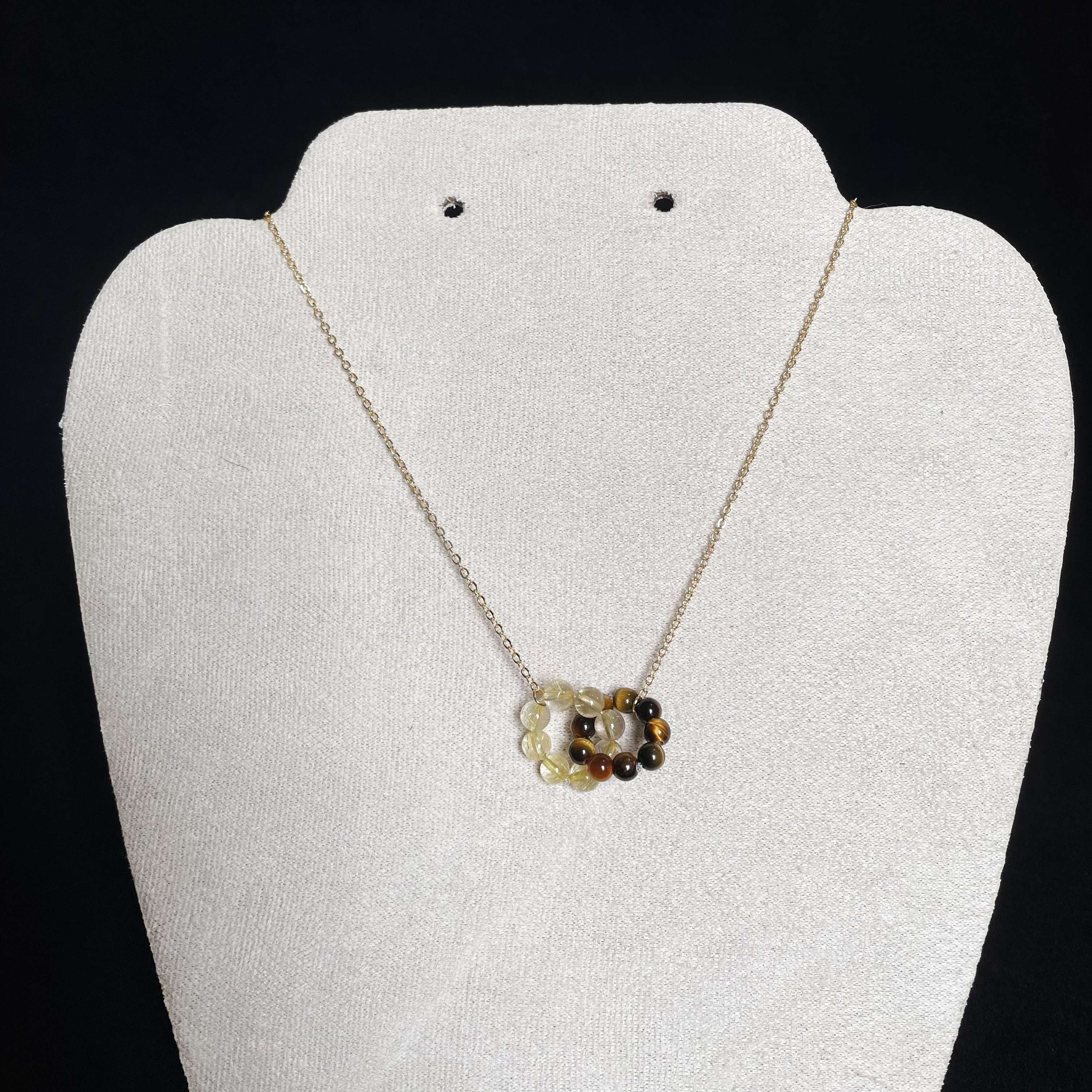 Tiger’s Eye and Gold Rutilated Dual Ring Charms Necklace