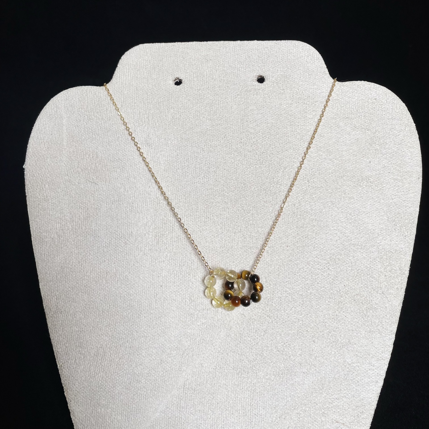 Tiger’s Eye and Gold Rutilated Dual Ring Charms Necklace