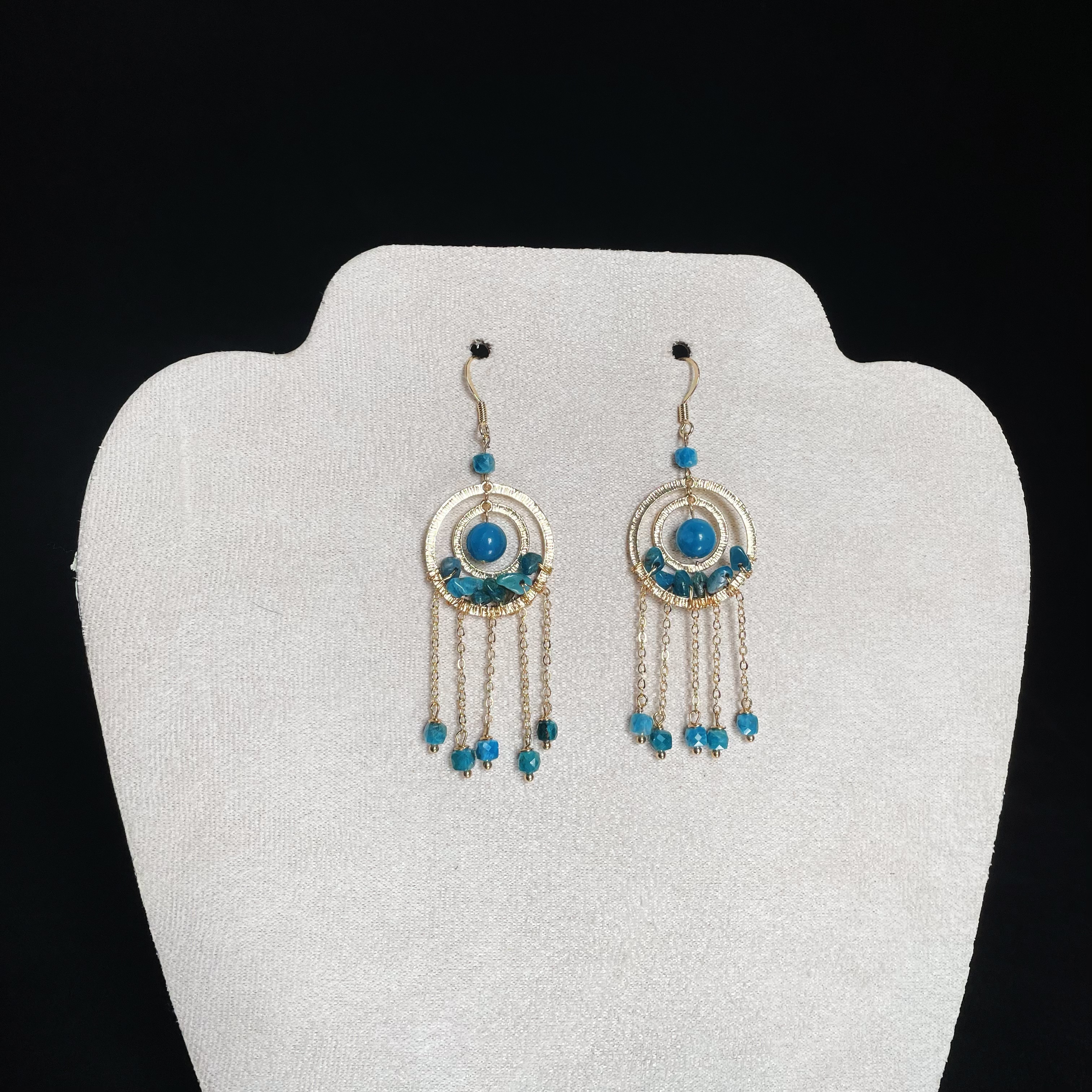 Intricate Dual Rings Blue Apatite Tassel Earrings 