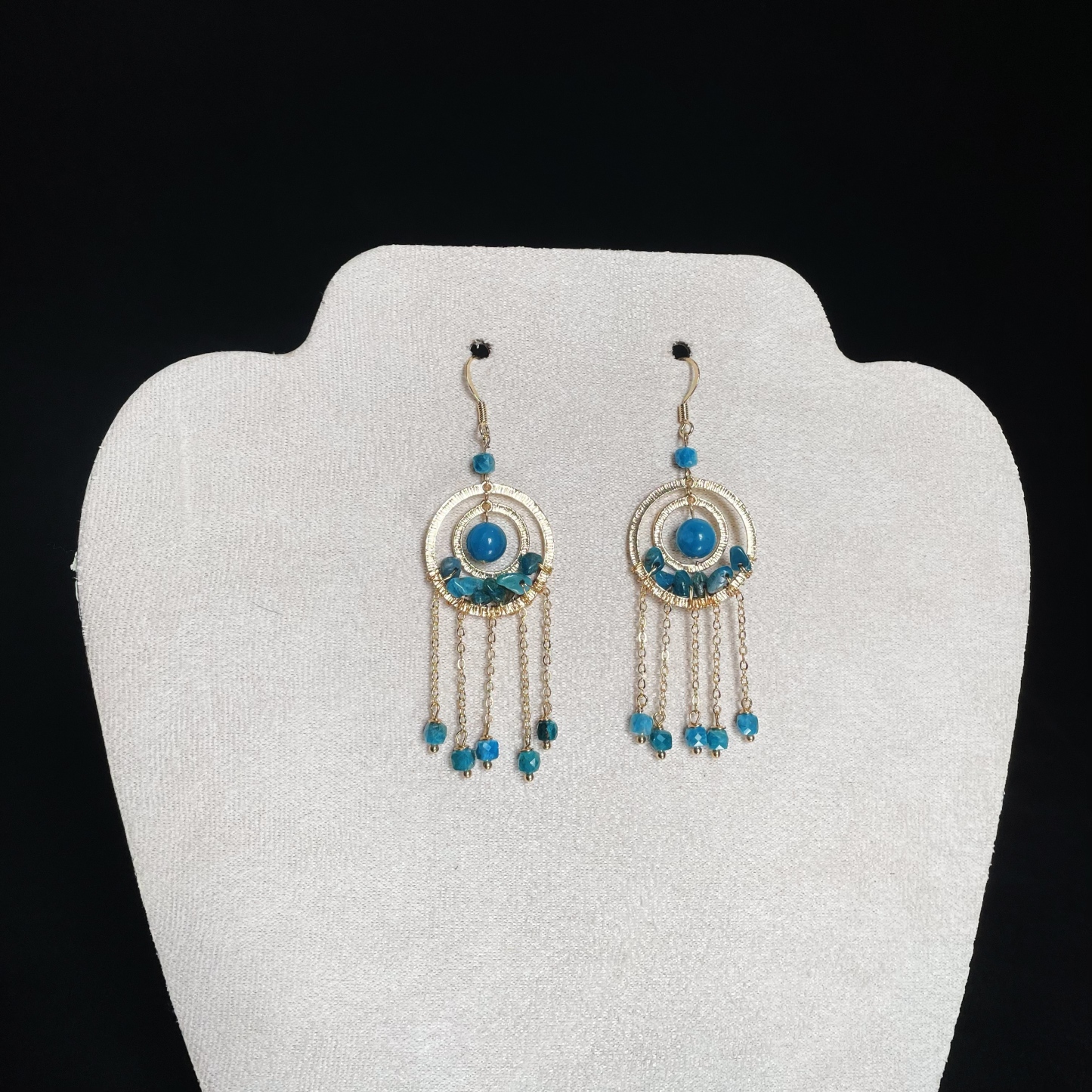 Intricate Dual Rings Blue Apatite Tassel Earrings 