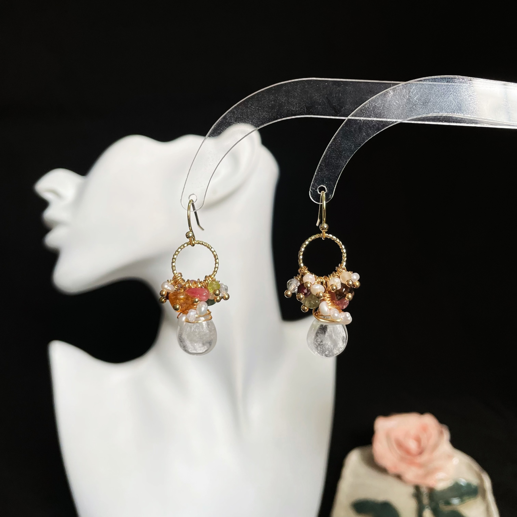 Multi-Gemstone Cluster Earrings with Clear Quartz Drop 
