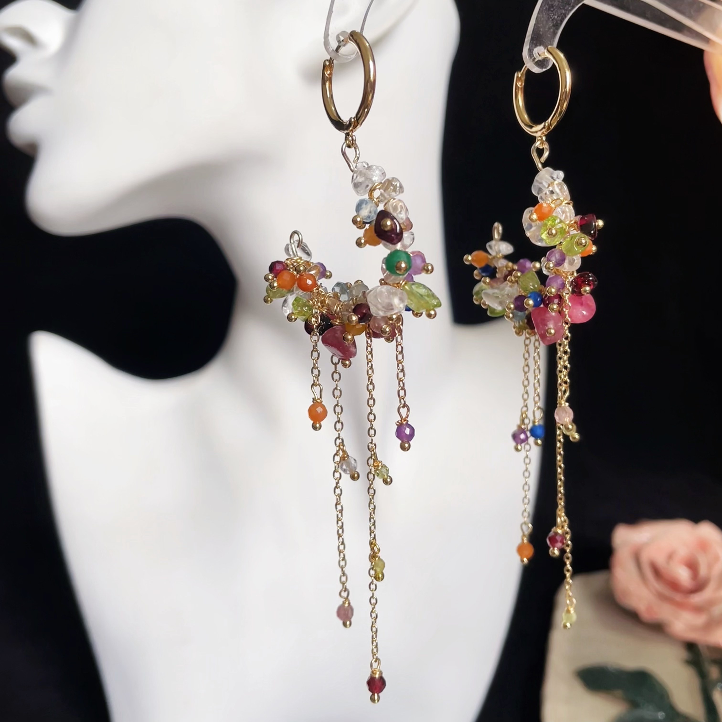 Spring Garden Multiple Gemstone Cluster Loop Earrings with Long Gemstone Chain Tassel