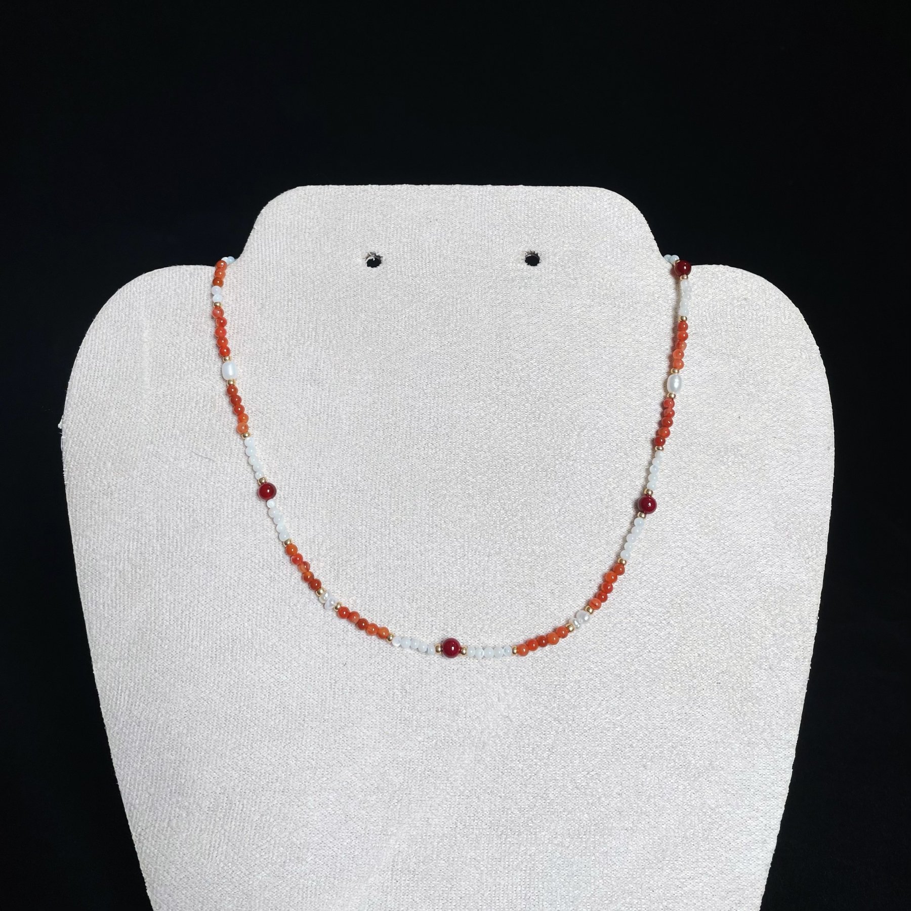 One-Line Beads Necklace with Trochus, Carnelian, Freshwater Pearls & Cinnabar