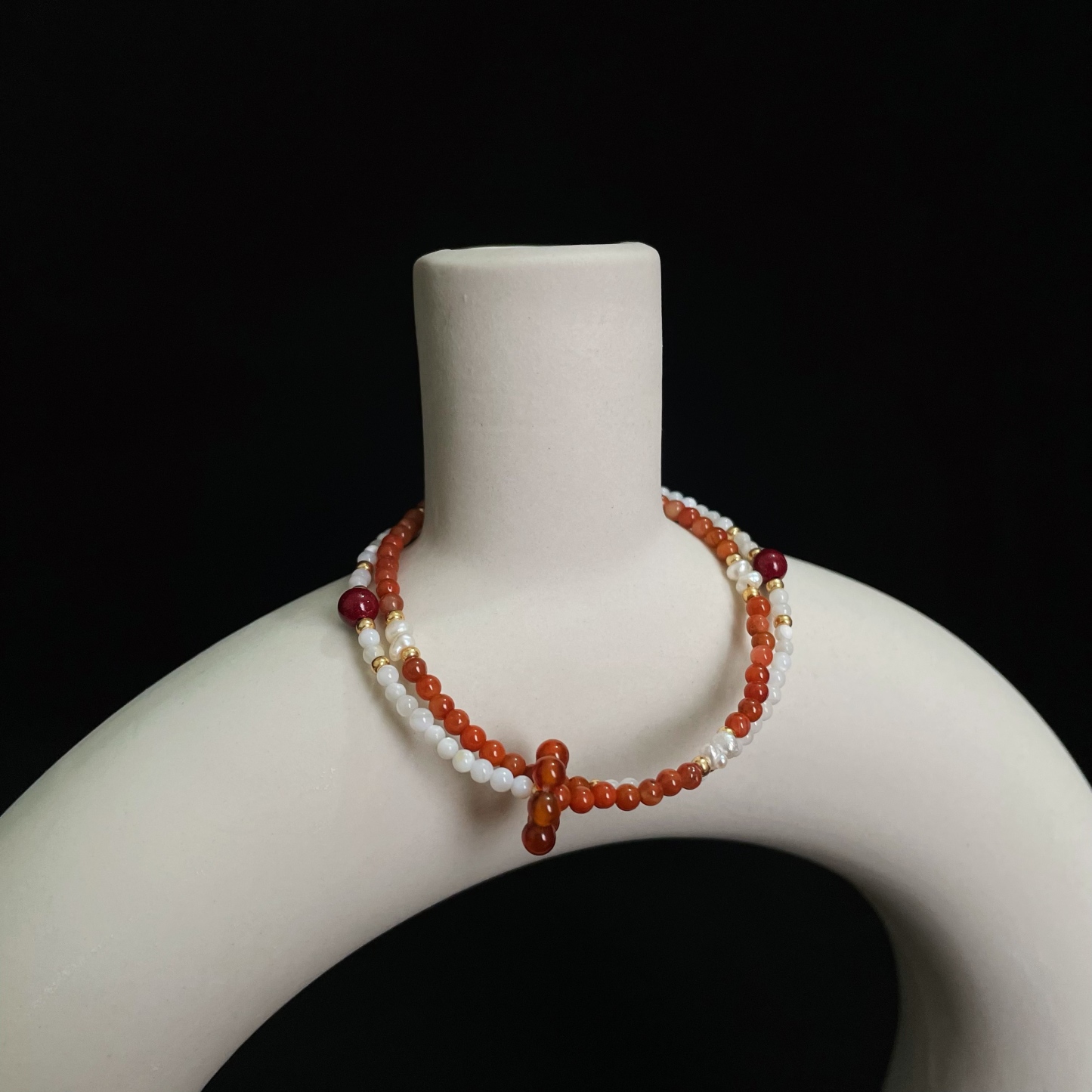 Dual-Line Multi Gemstone Bracelet with Trochus, Carnelian, Pearls, and Cinnabar