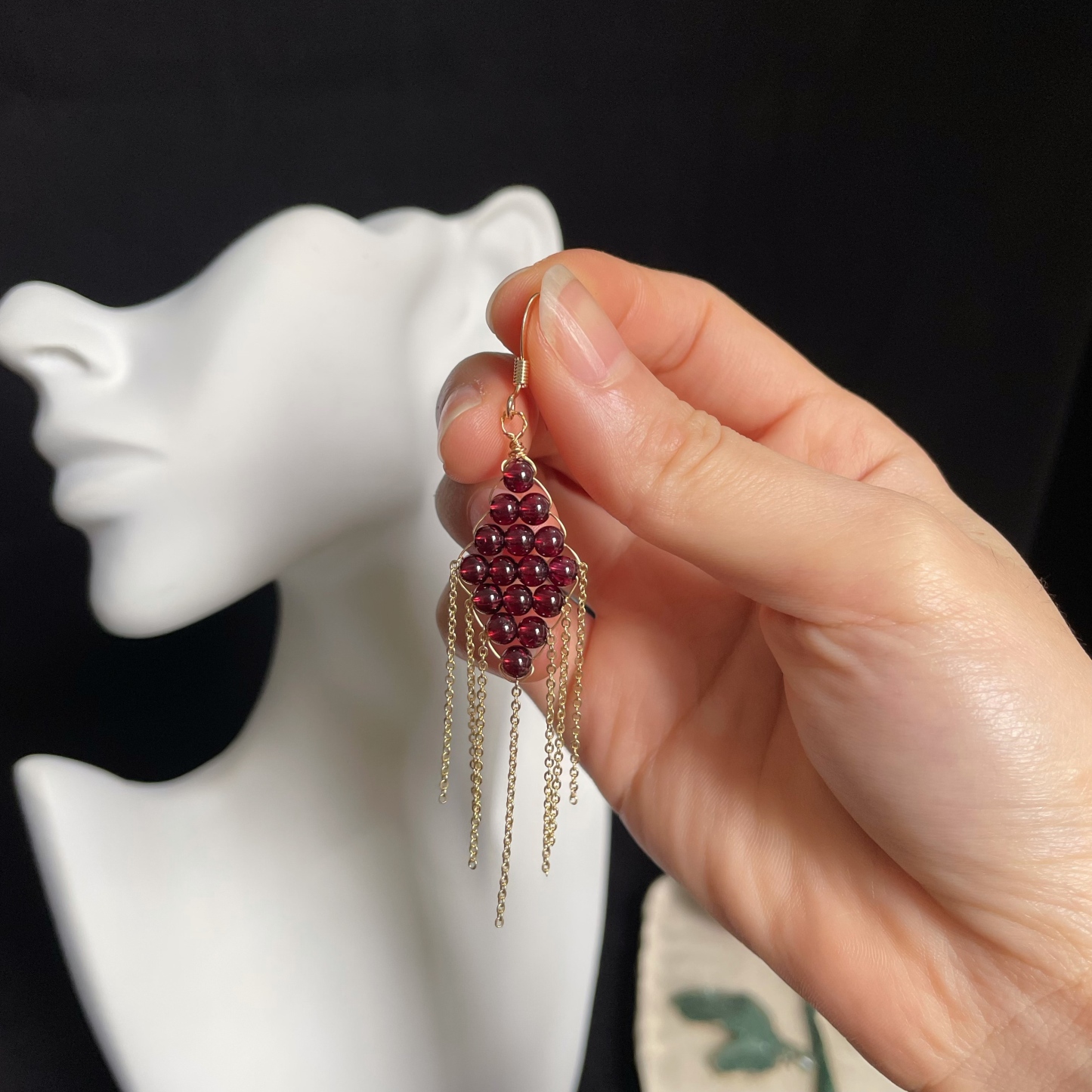 Wine Red Garnet Woven Rhombus with Tassels Earrings